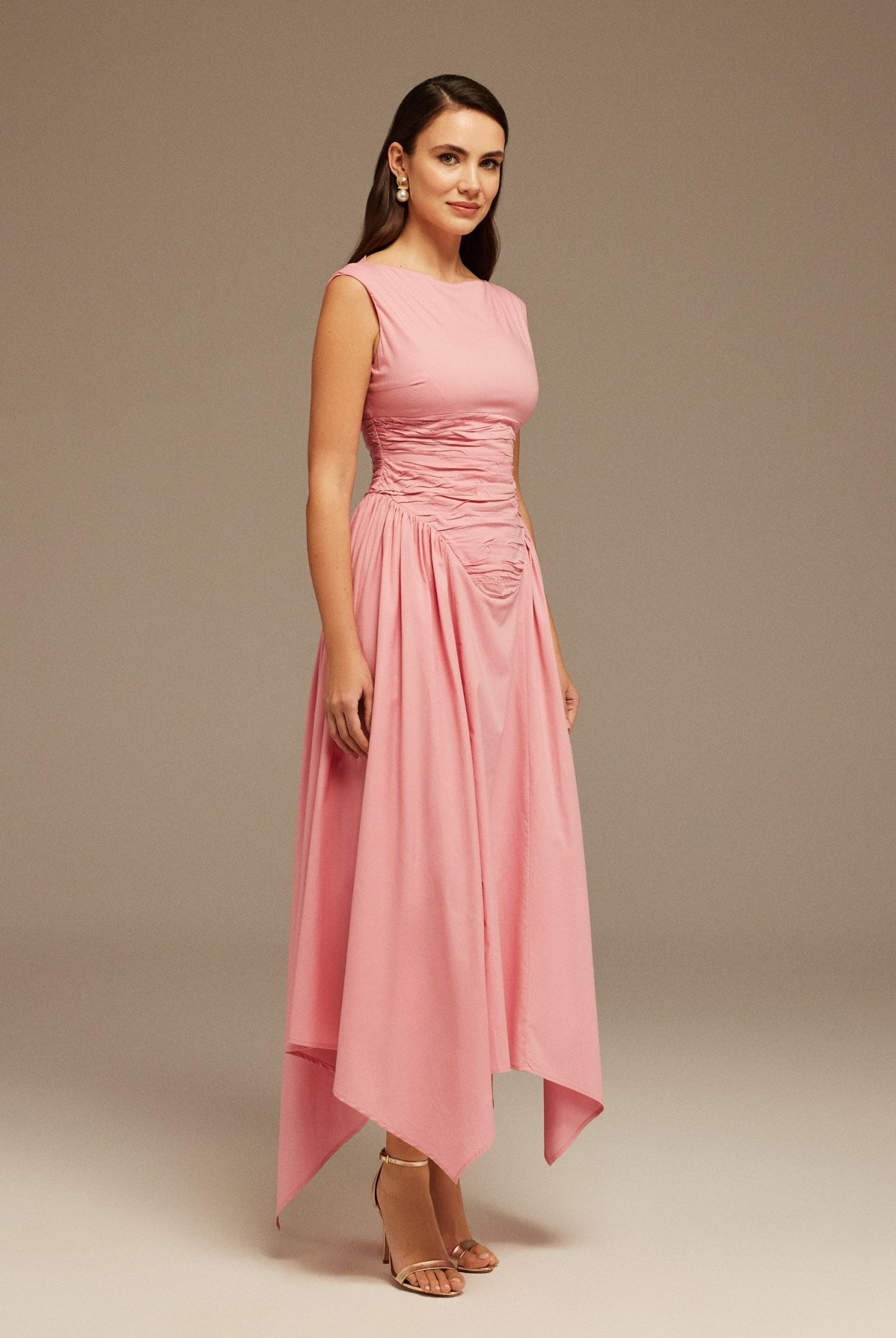 Pink Gathered Pleated Waist Midi Dress - shopaleena
