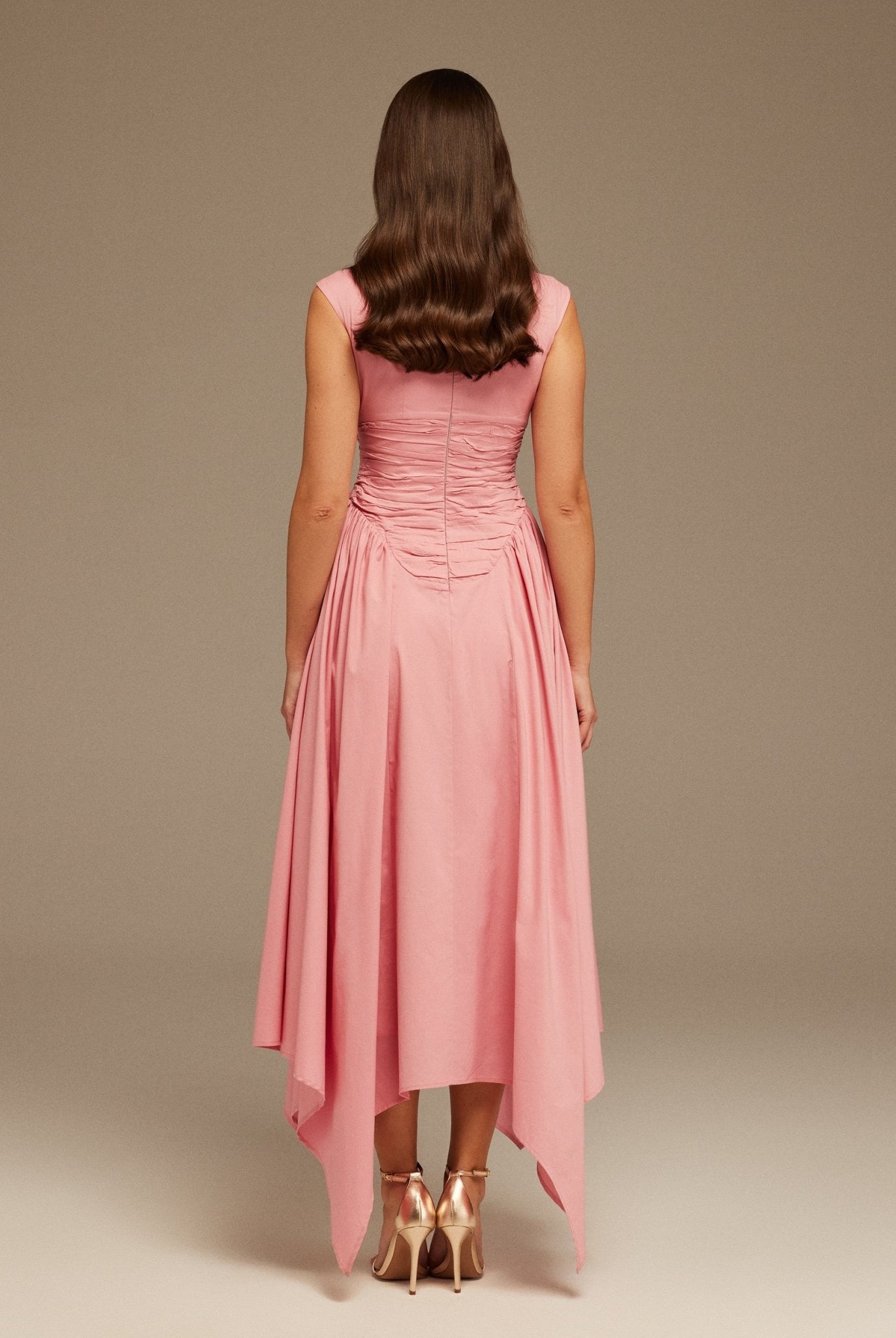 Pink Gathered Pleated Waist Midi Dress - shopaleena