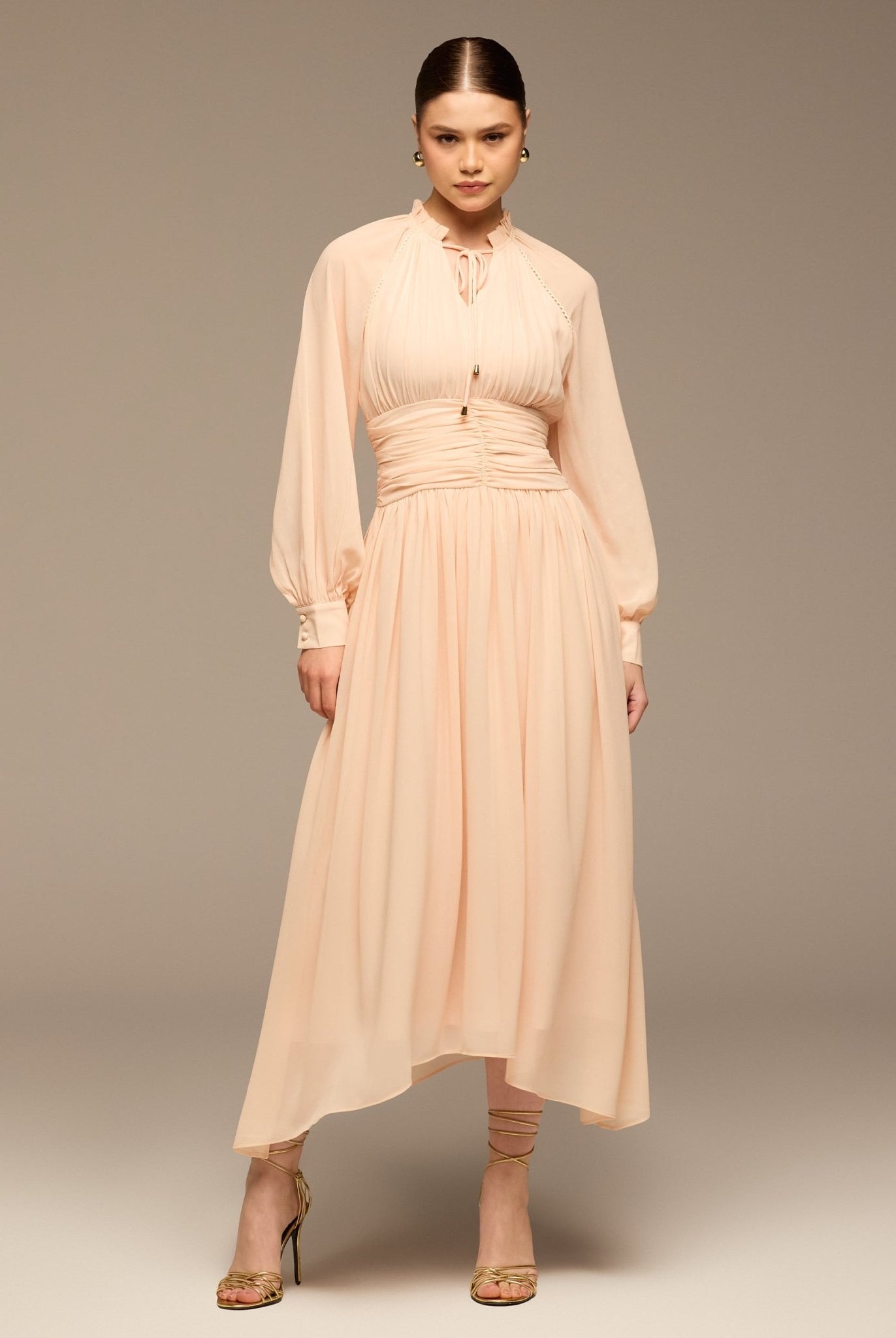 Pink Gathered Waist Chiffon Maxi Dress - shopaleena