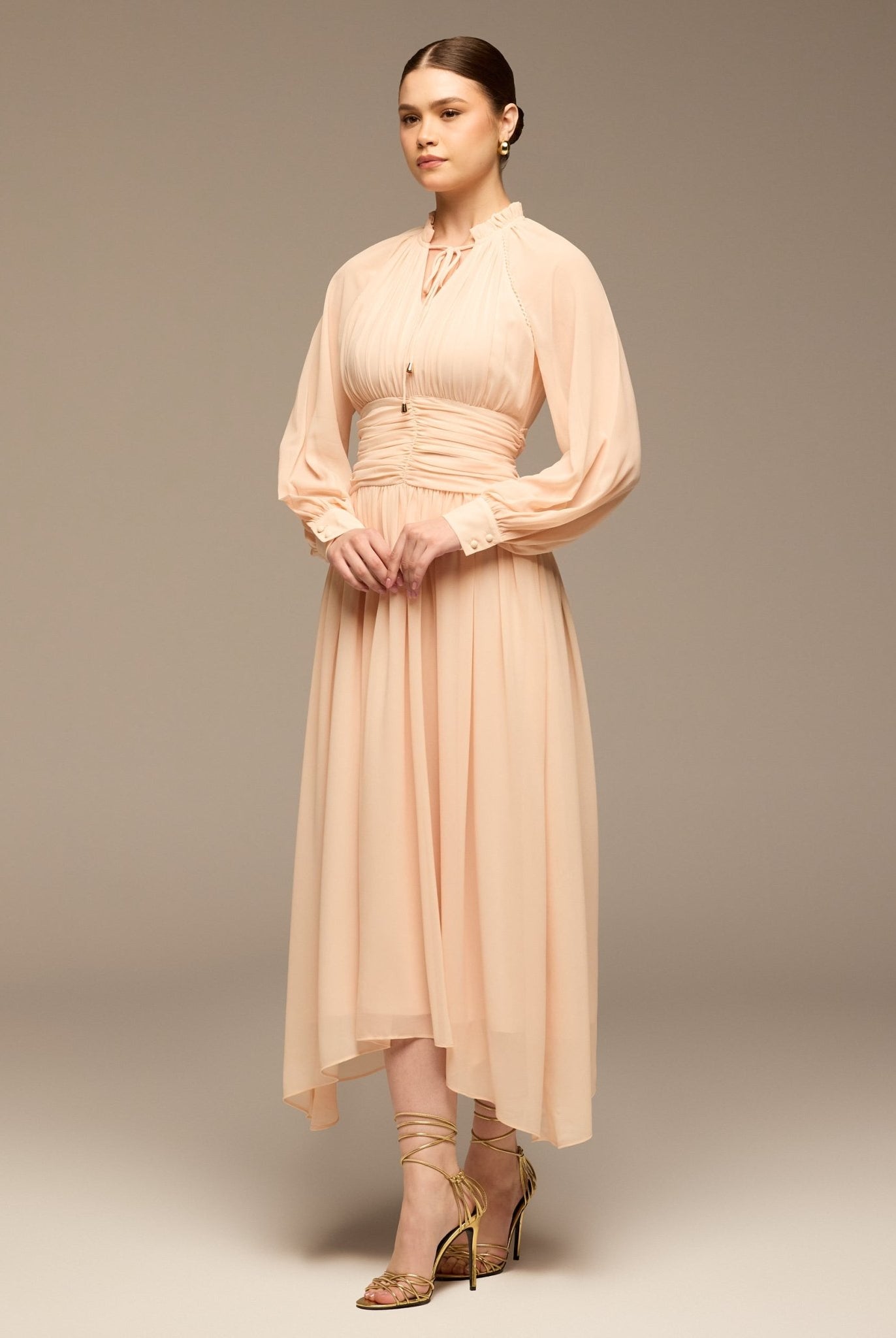 Pink Gathered Waist Chiffon Maxi Dress - shopaleena