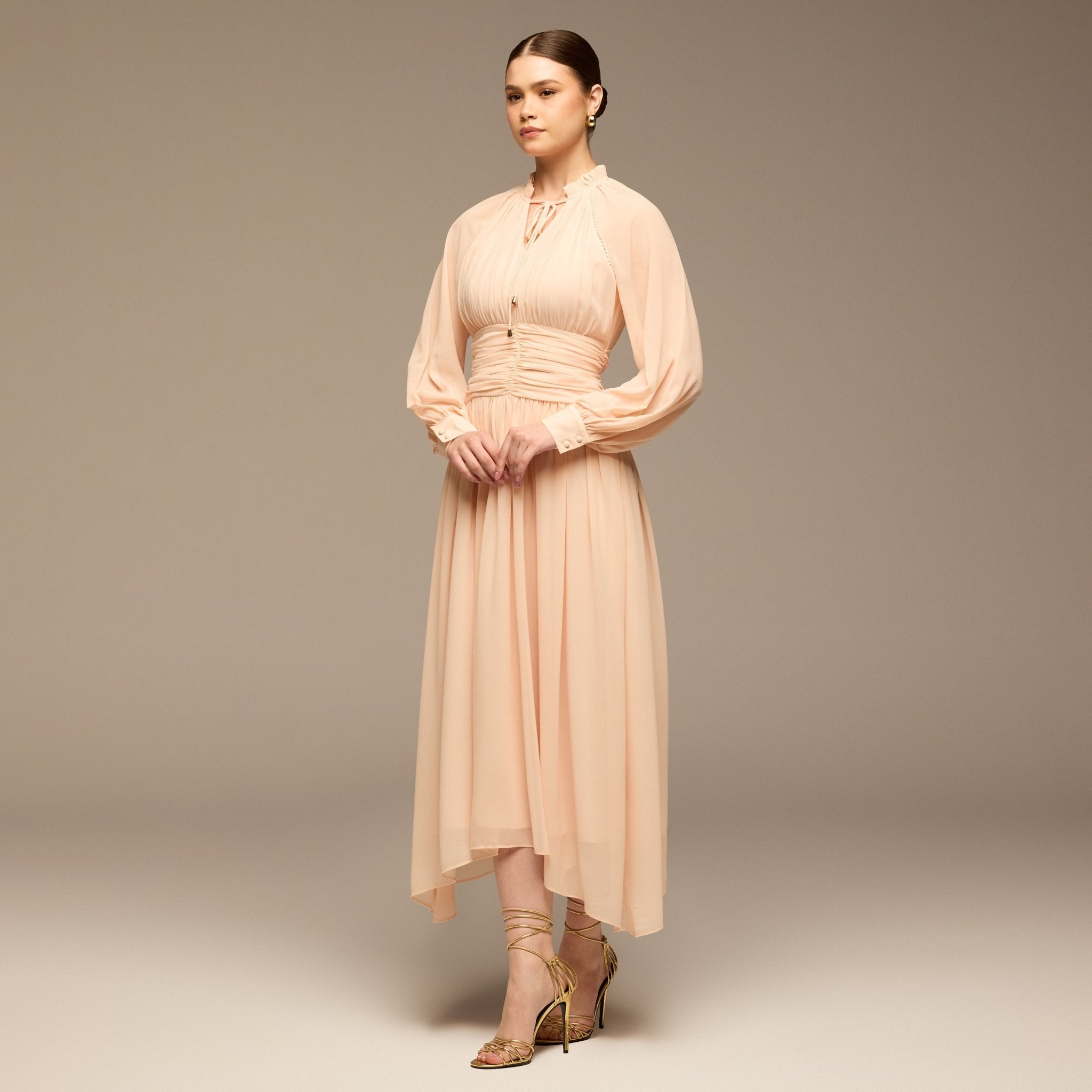 Pink Gathered Waist Chiffon Maxi Dress - shopaleena