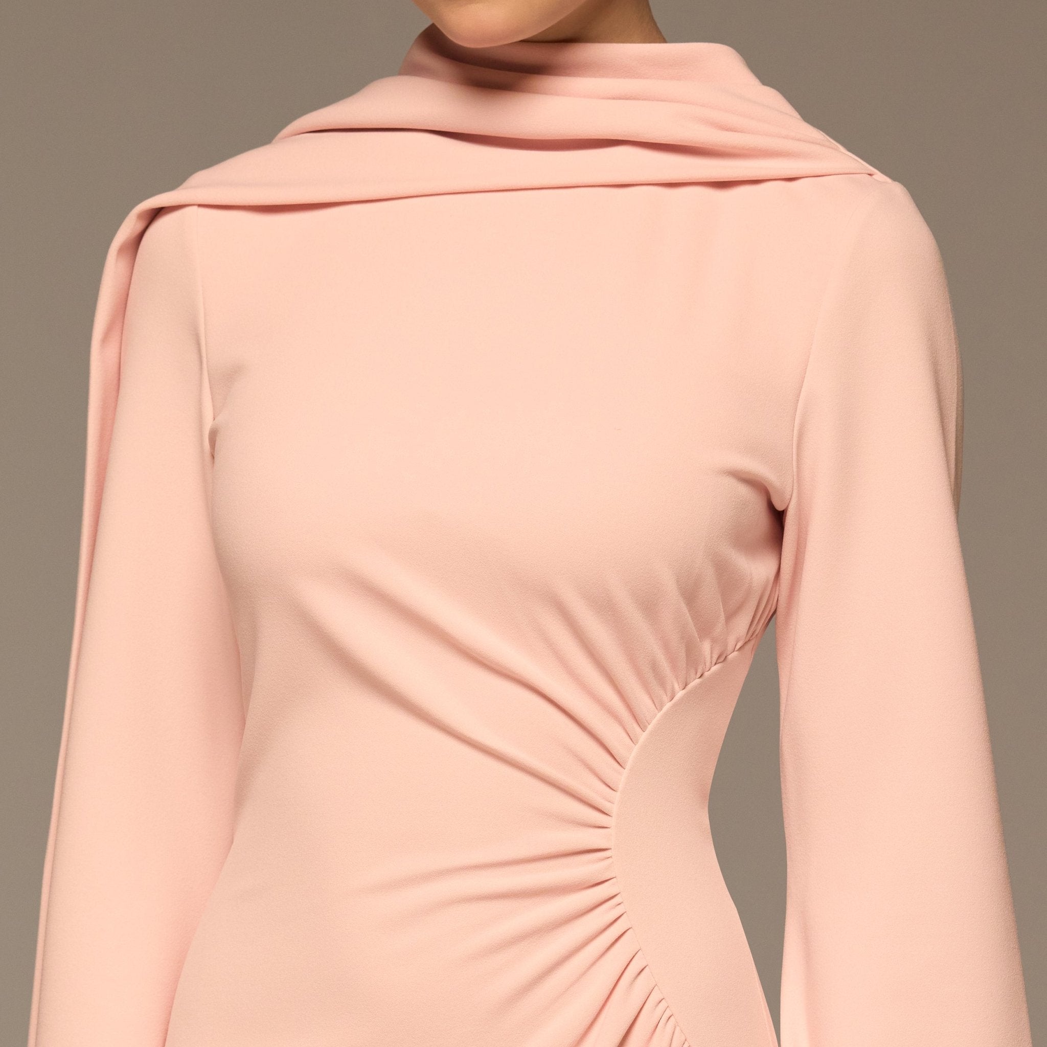 Pink Gathered Waist Midi Dress with Scarf - shopaleena