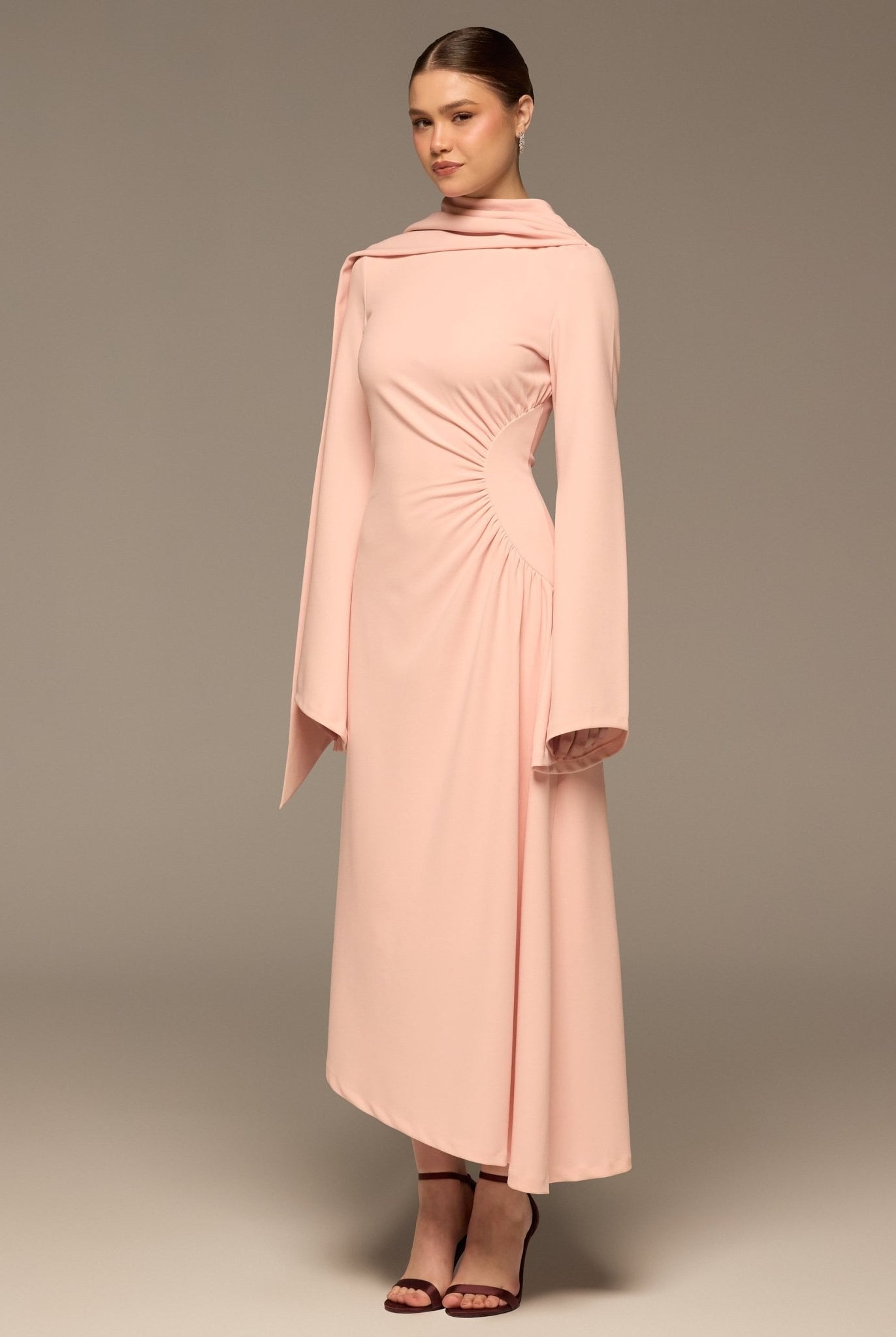 Pink Gathered Waist Midi Dress with Scarf - shopaleena