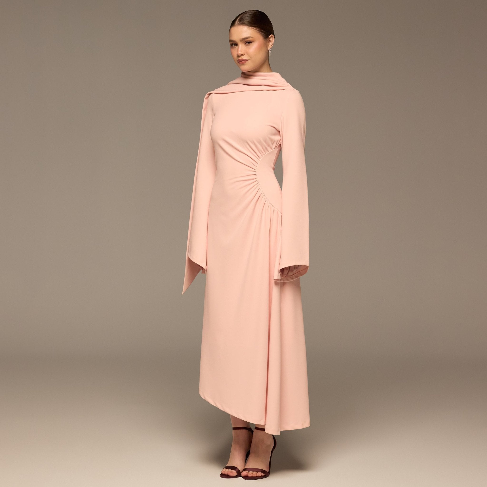 Pink Gathered Waist Midi Dress with Scarf - shopaleena