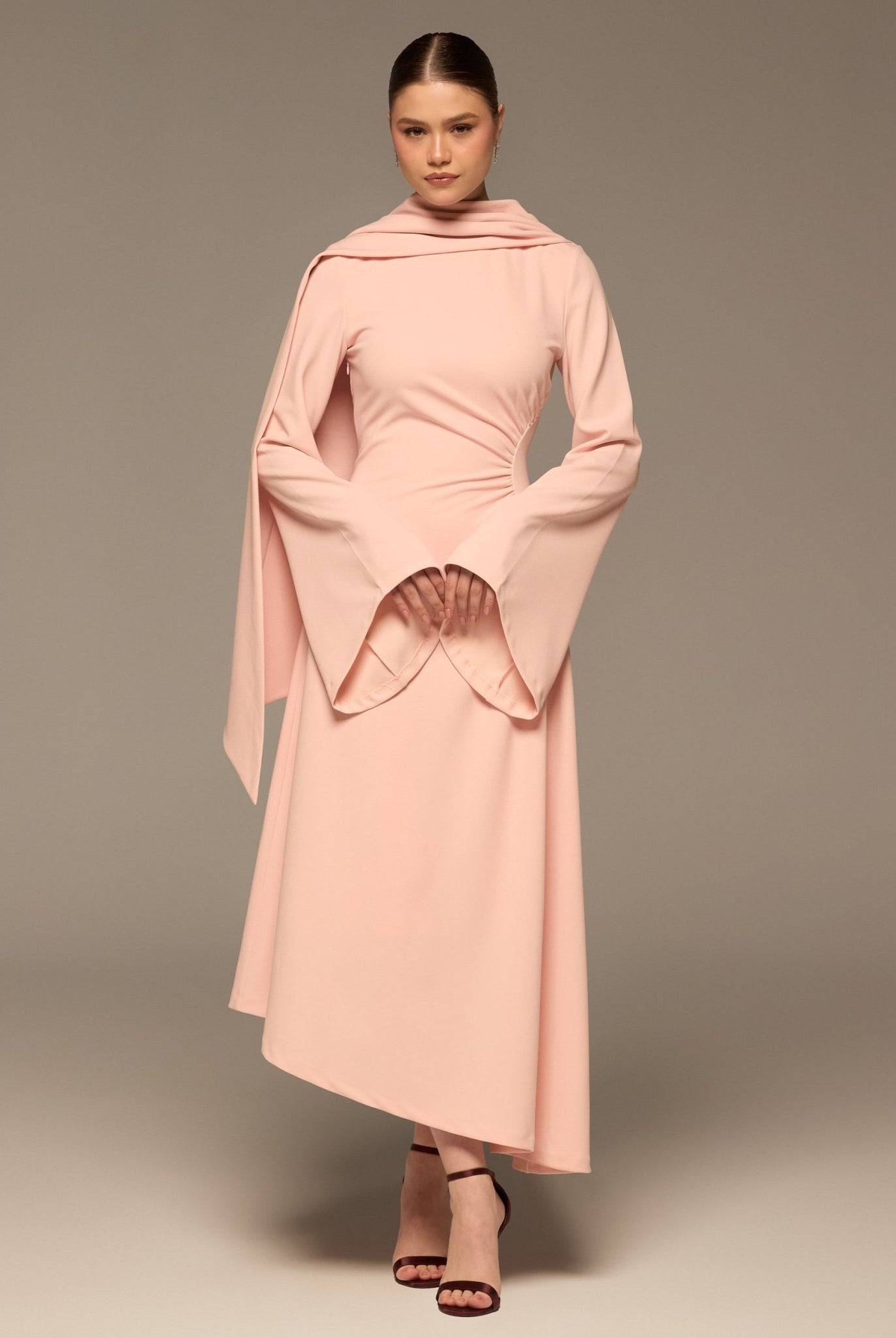 Pink Gathered Waist Midi Dress with Scarf - shopaleena