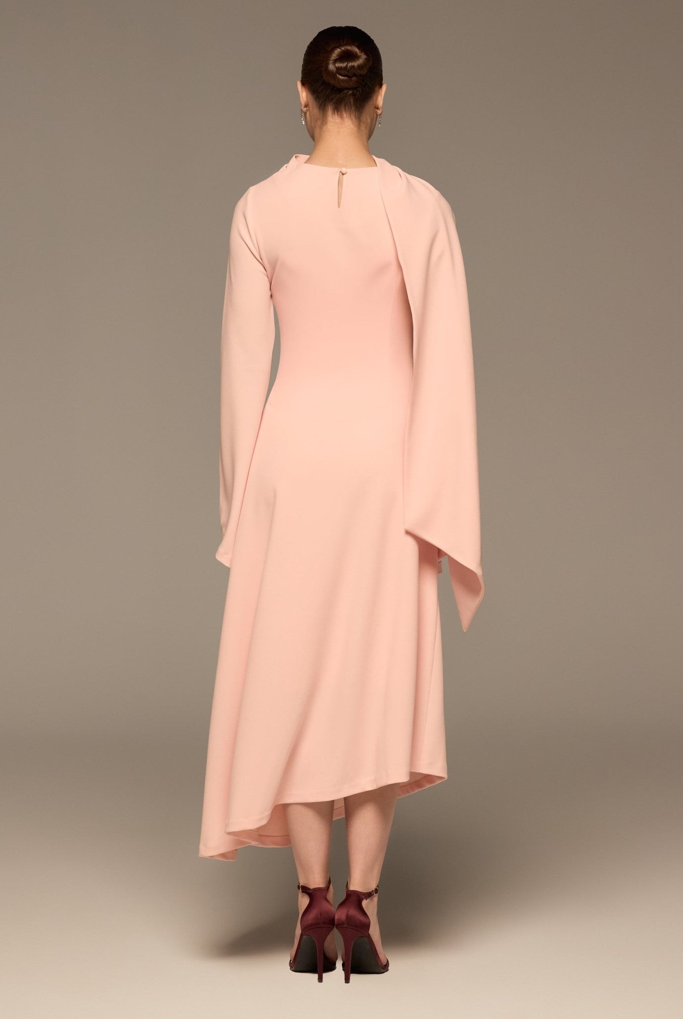 Pink Gathered Waist Midi Dress with Scarf - shopaleena