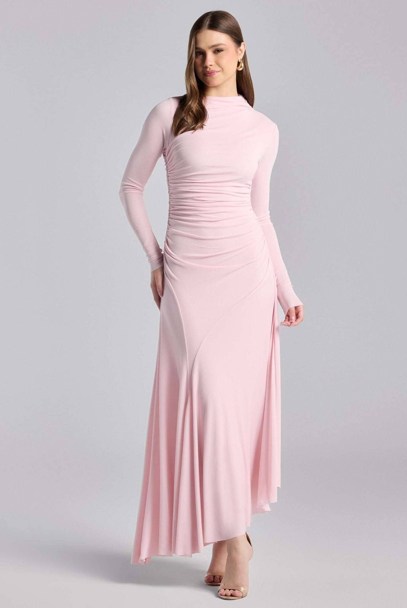 Pink Jersey Asymmetric Neck Midi Dress - shopaleena