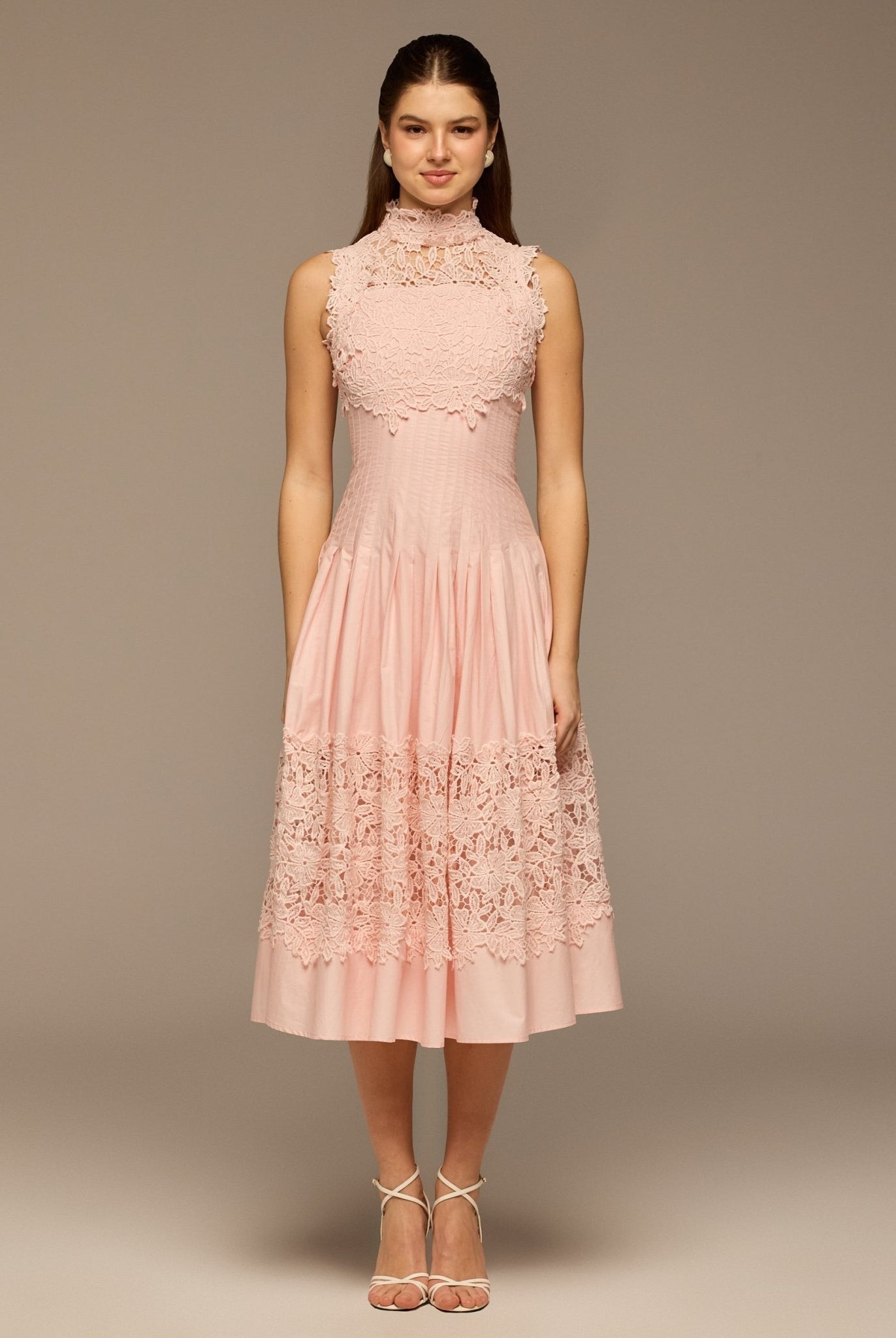 Pink Lace - Paneled Cotton Midi Dress - shopaleena