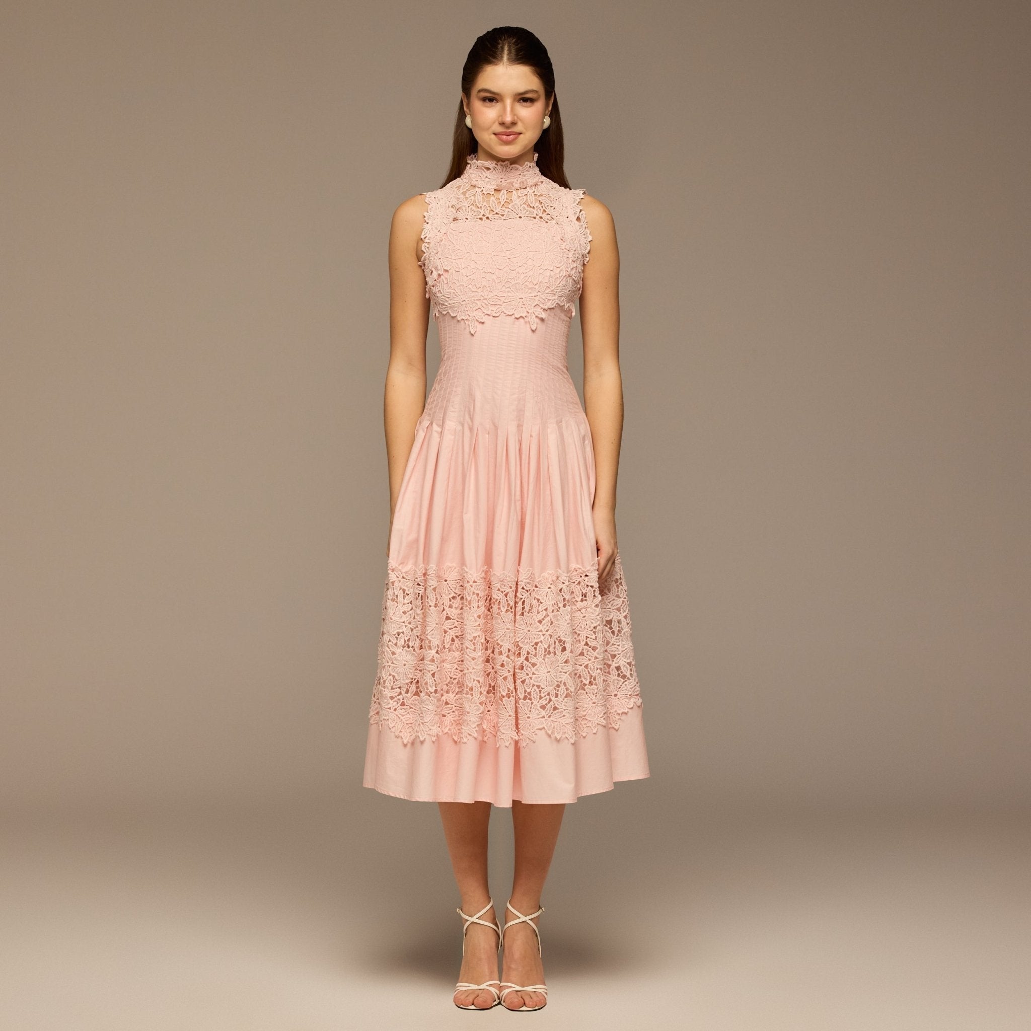 Pink Lace - Paneled Cotton Midi Dress - shopaleena