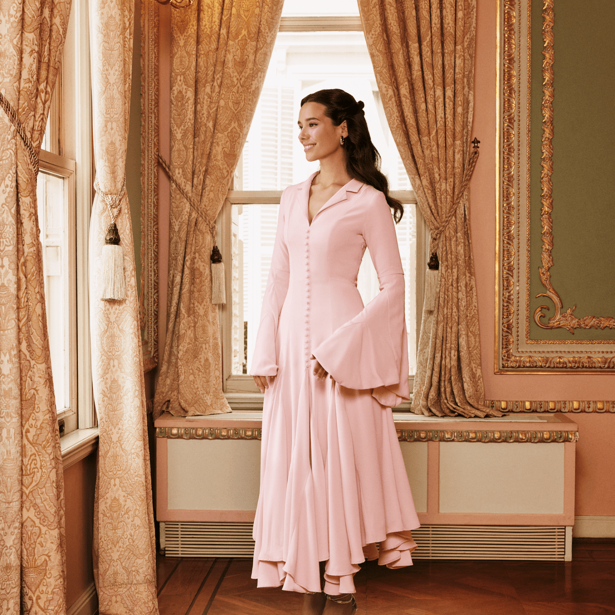 crepe design dress T262056 Dramatic Stretch Soft Crepe Fit and Flare Gown with One Shoulder Design and Sheer Beaded Embroidery Lace Inset Back and Skirt