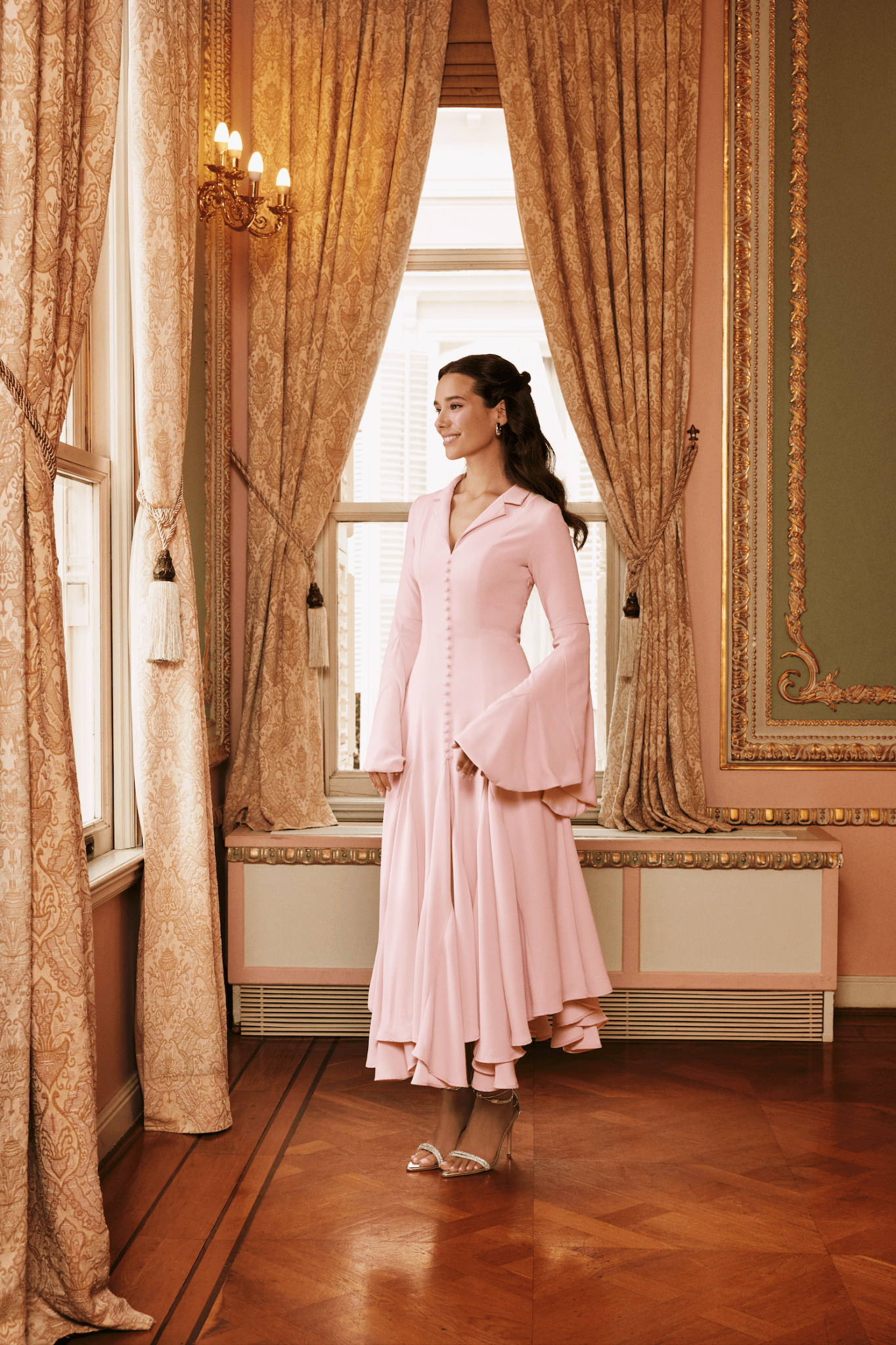 Pink Lapel Neck Button - Front Crepe Dress - shopaleena