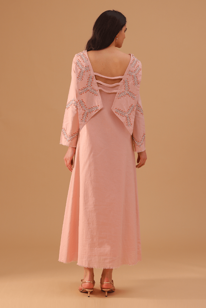 Pink Linen Dress with Embroidered Sleeves - shopaleena