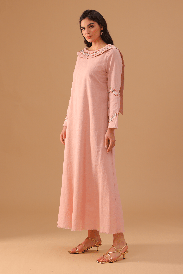 Pink Linen Dress with Embroidered Sleeves - shopaleena