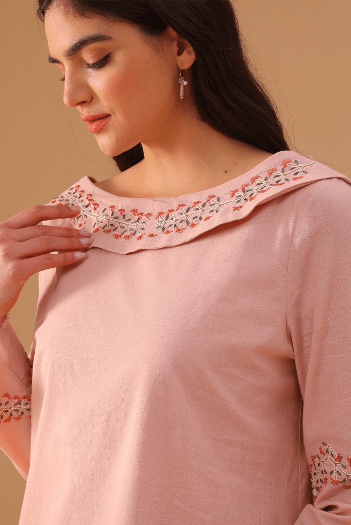 Pink Linen Dress with Embroidered Sleeves - shopaleena