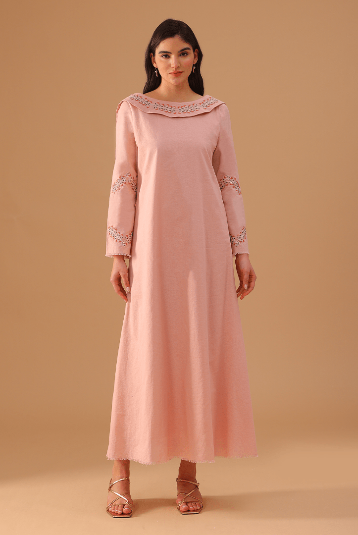 Pink Linen Dress with Embroidered Sleeves - shopaleena