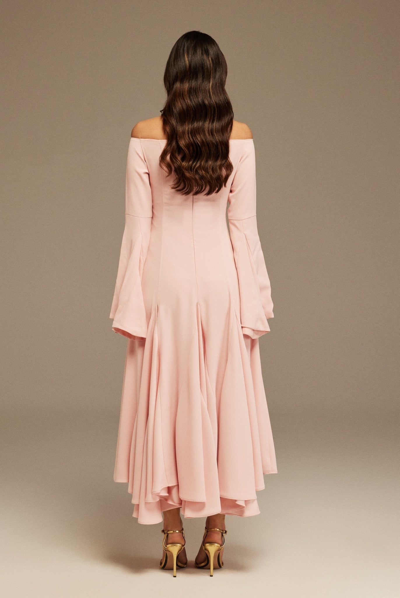Pink Off - Shoulder Aline Midi Crepe Dress - shopaleena