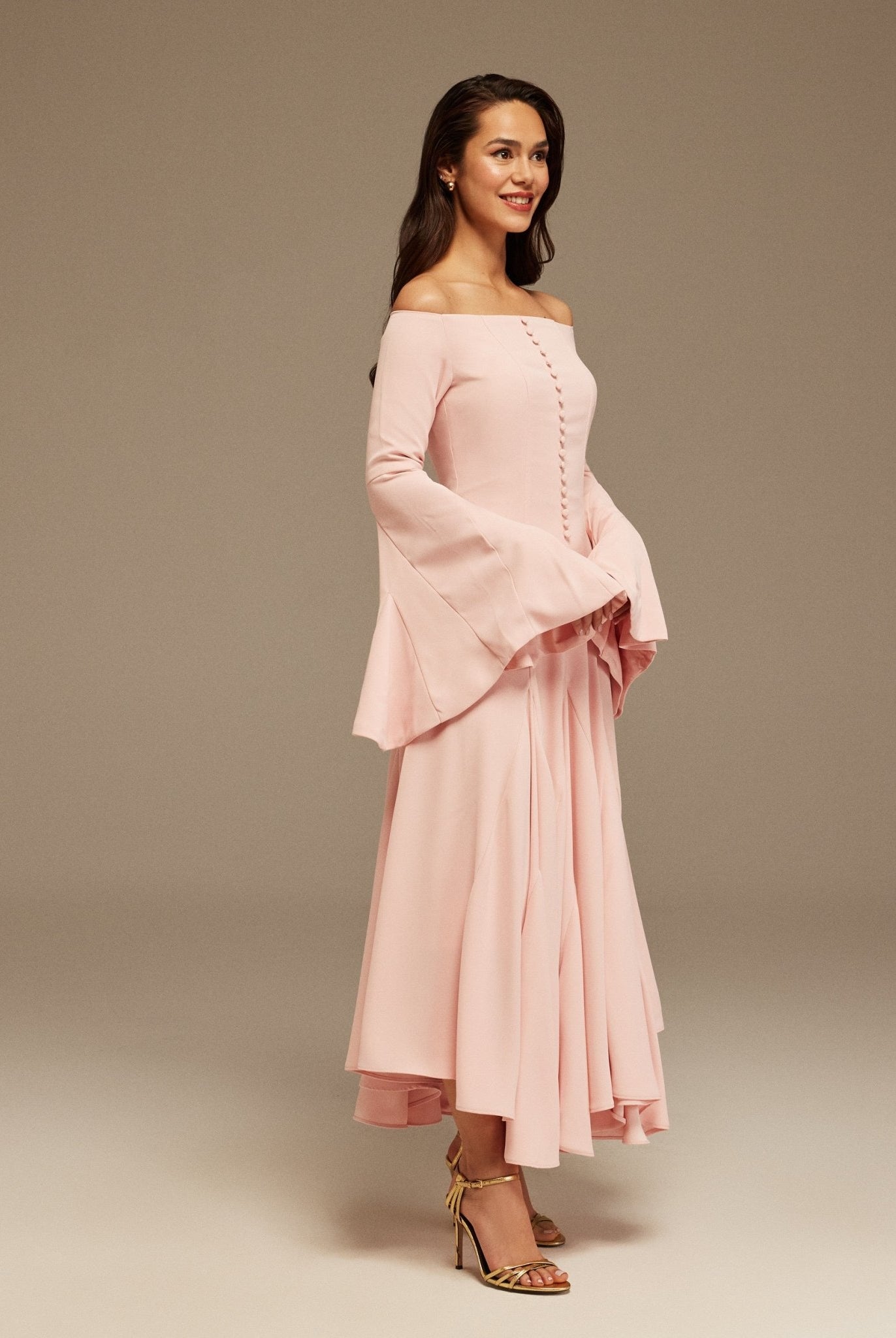 Pink Off - Shoulder Aline Midi Crepe Dress - shopaleena