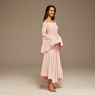 Pink Off - Shoulder Aline Midi Crepe Dress - shopaleena