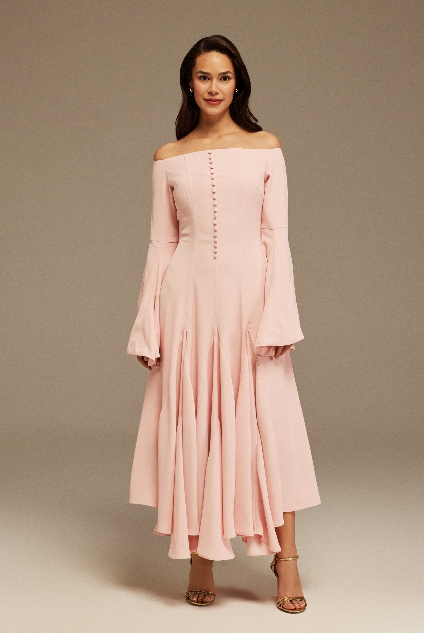 Pink Off - Shoulder Aline Midi Crepe Dress - shopaleena