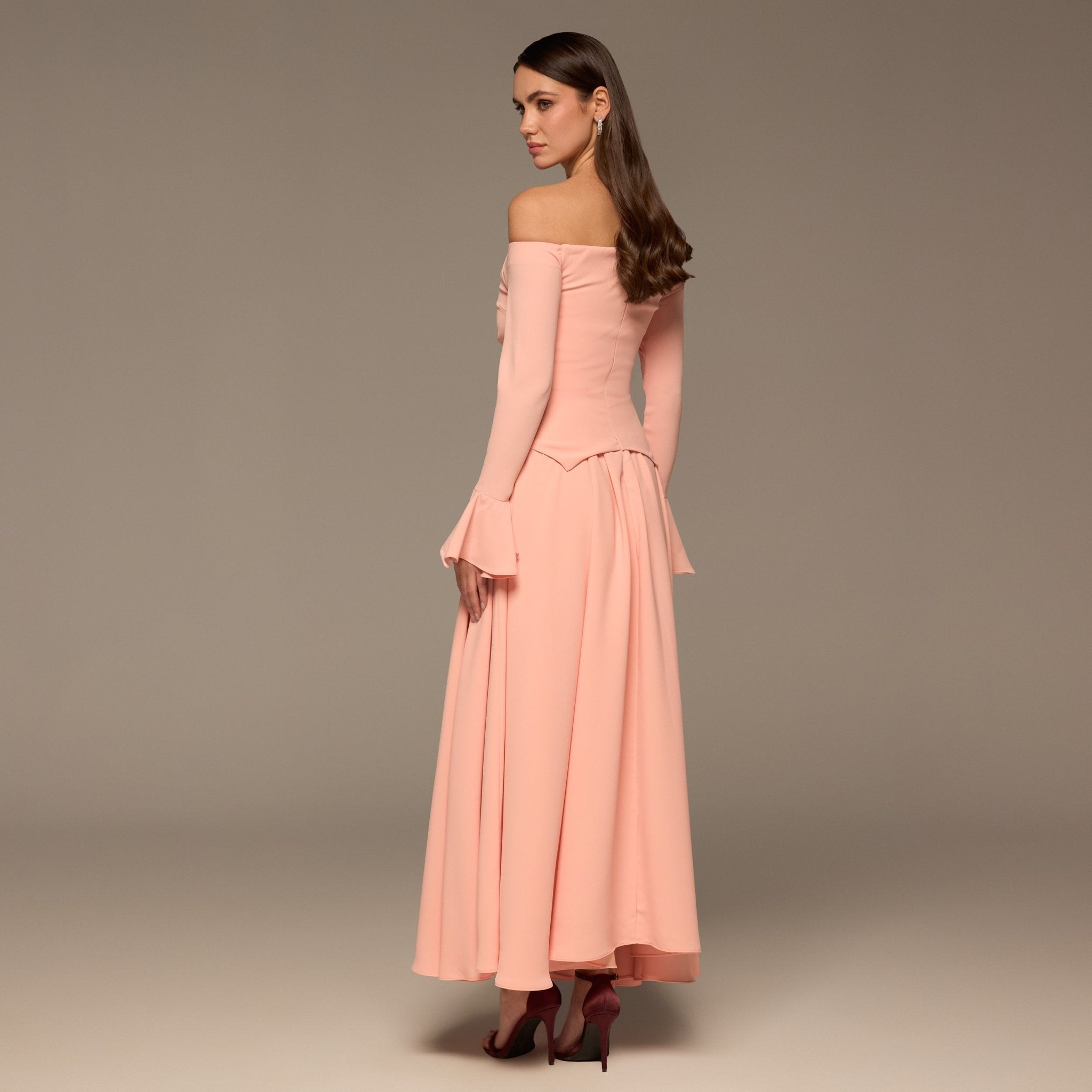 Pink Off - Shoulder Flare - Cuff Crepe Dress - shopaleena