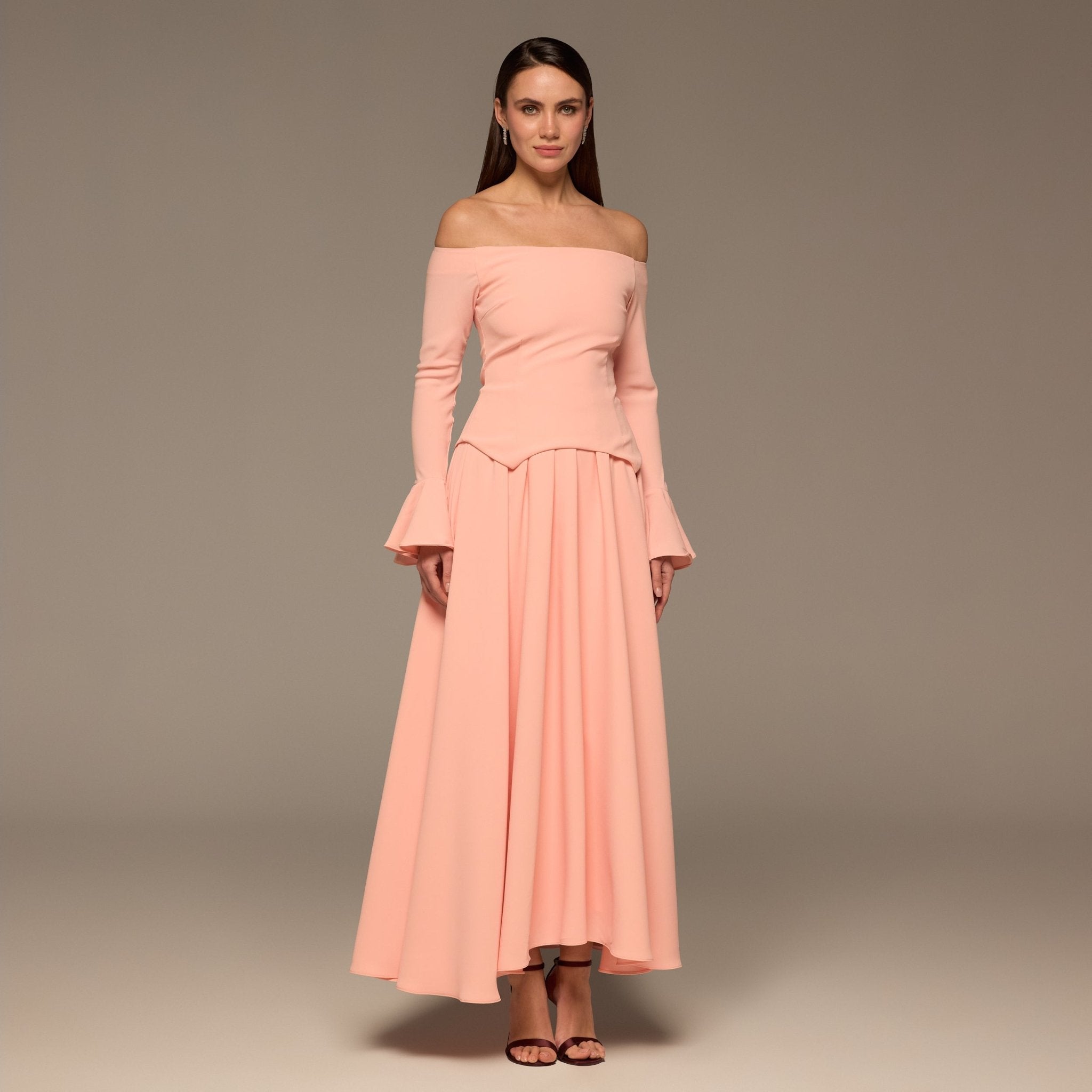 Pink Off - Shoulder Flare - Cuff Crepe Dress - shopaleena