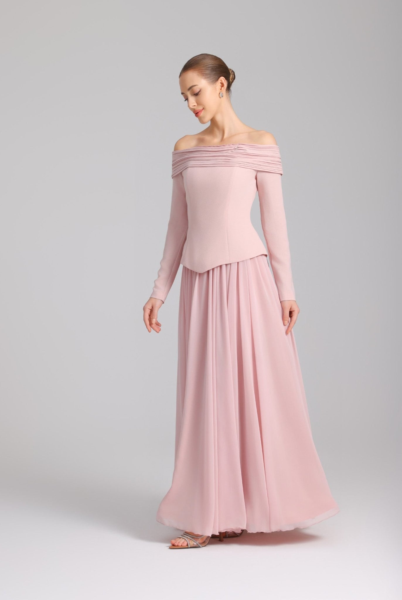 Pink Off - Shoulder Long - Sleeve Evening Gown - shopaleena