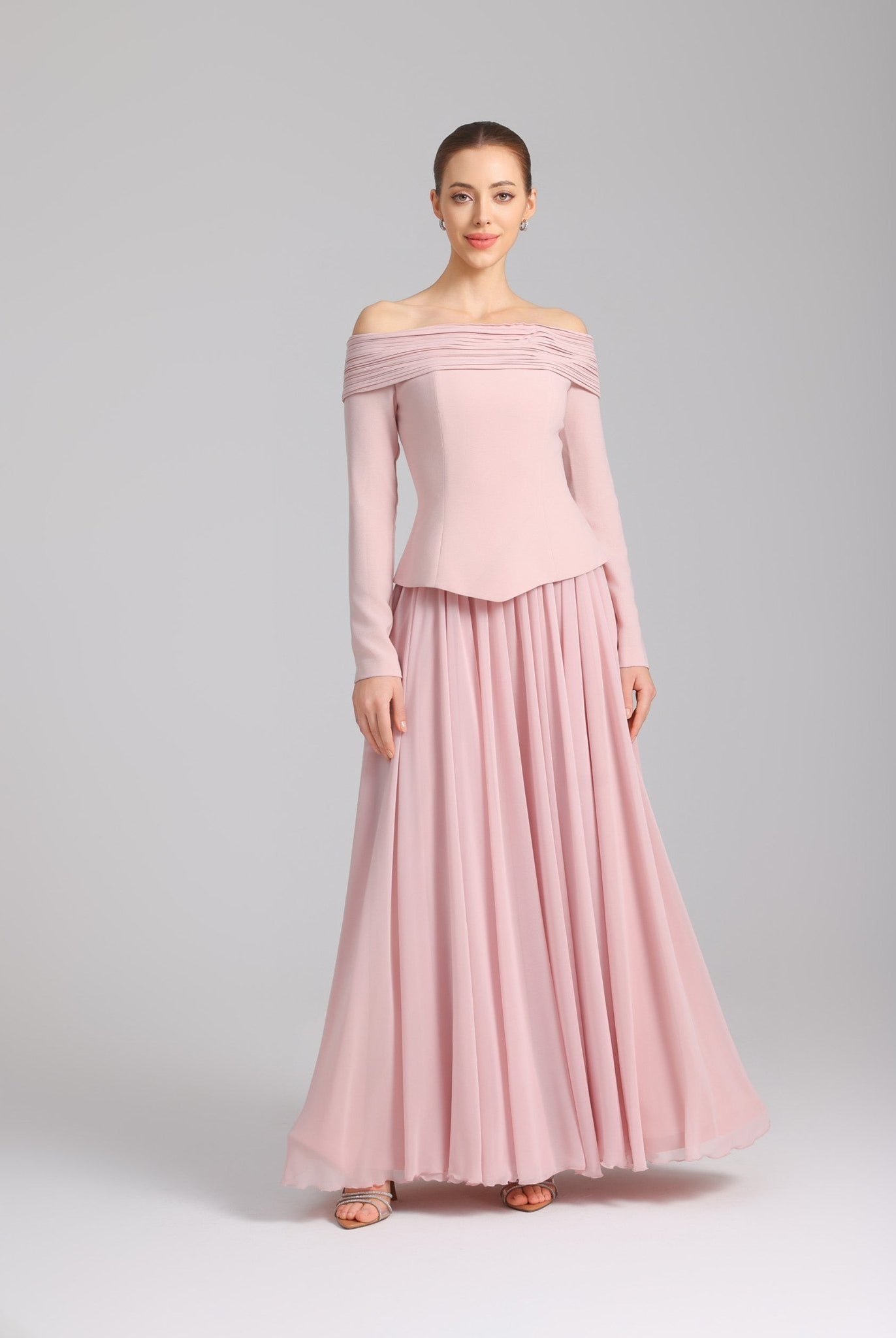 Pink Off - Shoulder Long - Sleeve Evening Gown - shopaleena