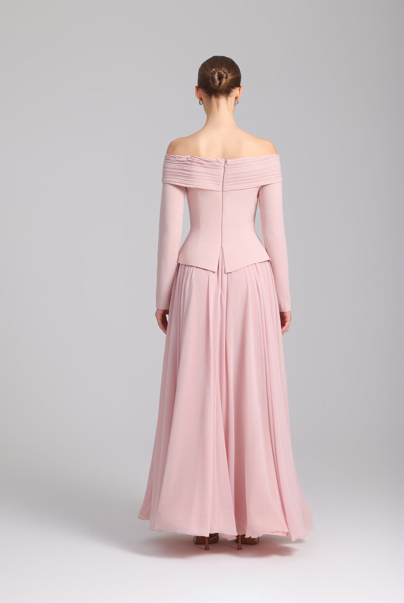 Pink Off - Shoulder Long - Sleeve Evening Gown - shopaleena