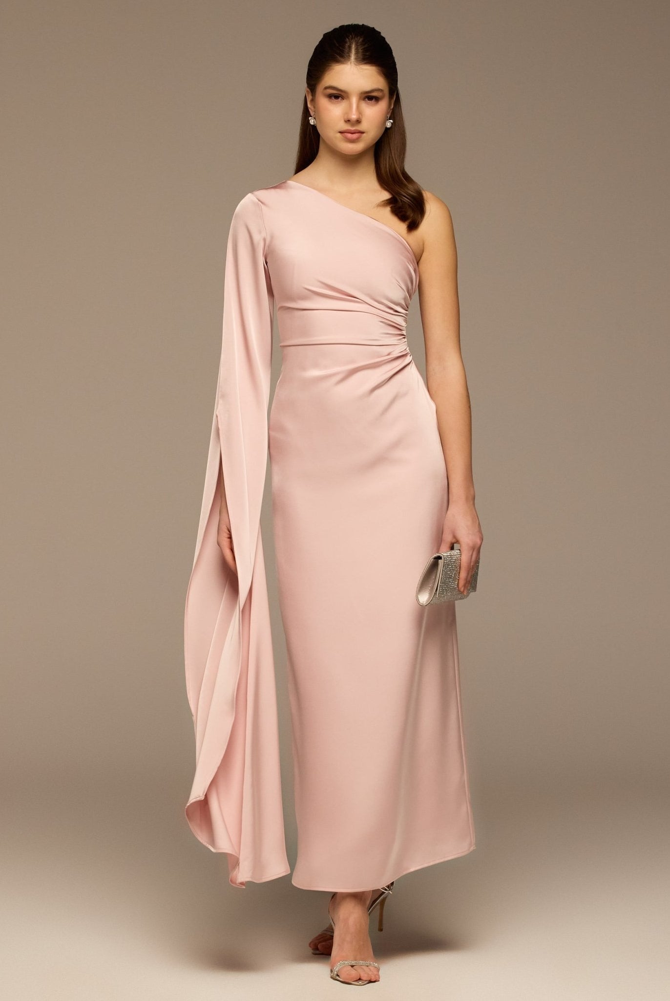 Pink One - Shoulder Gathered Waist Satin Dress - shopaleena