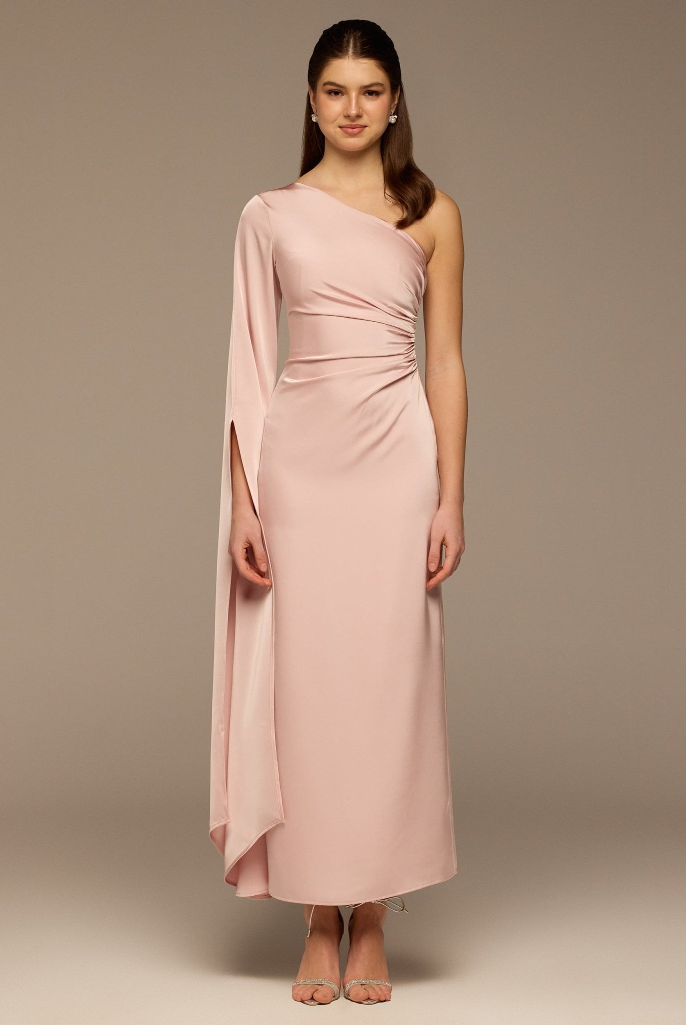 Pink One - Shoulder Gathered Waist Satin Dress - shopaleena