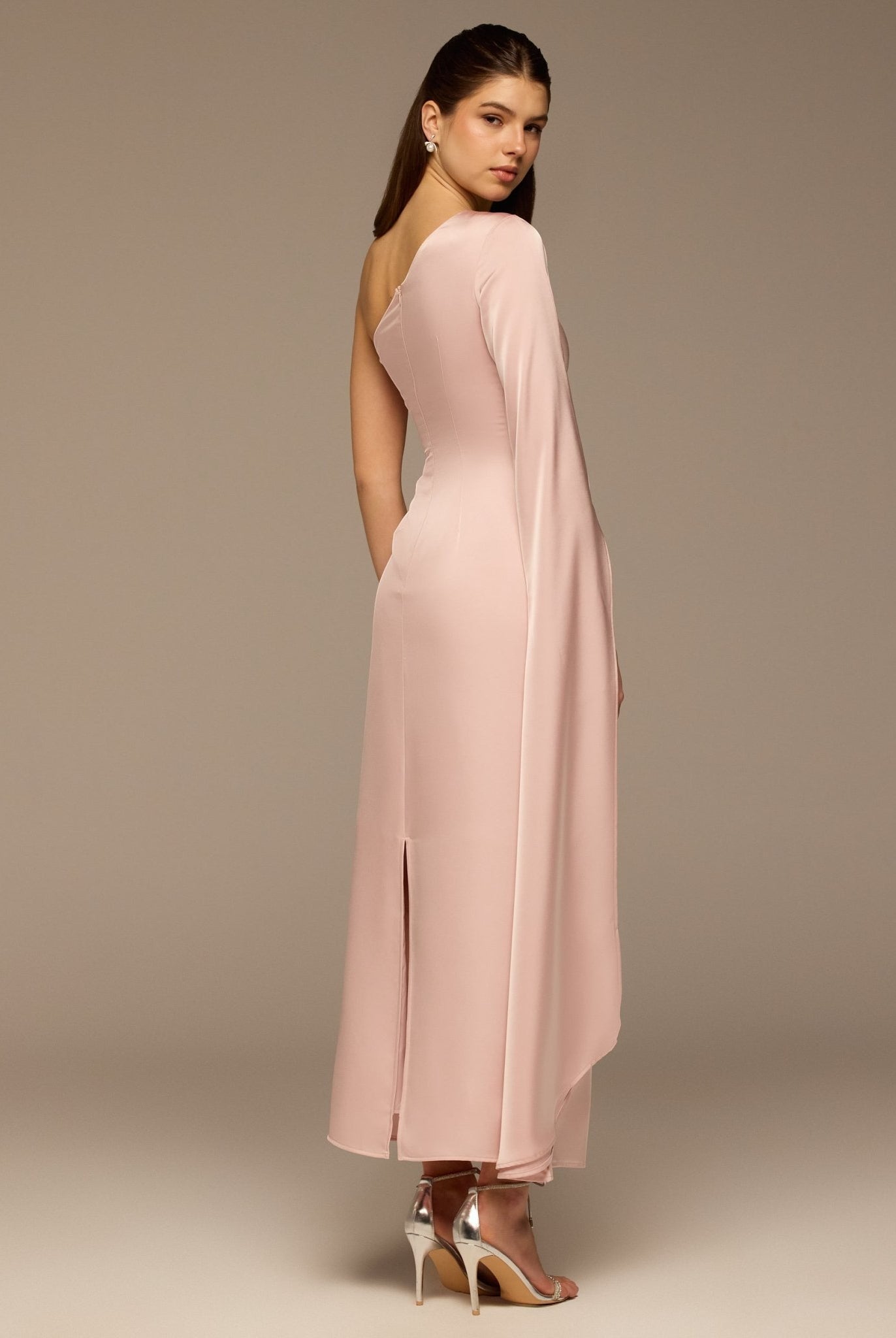 Pink One - Shoulder Gathered Waist Satin Dress - shopaleena