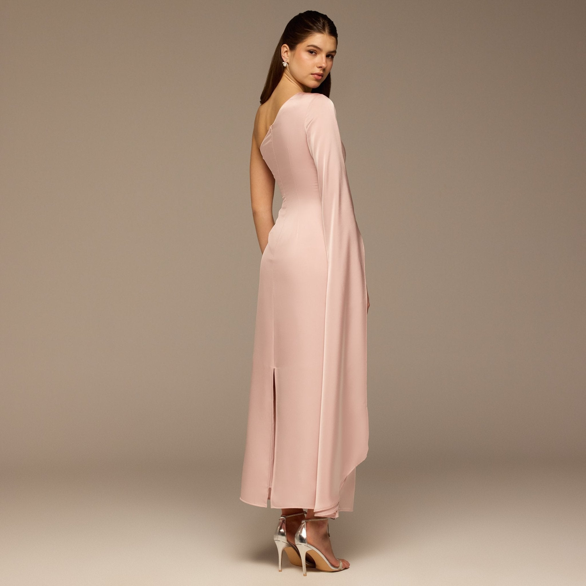 Pink One - Shoulder Gathered Waist Satin Dress - shopaleena