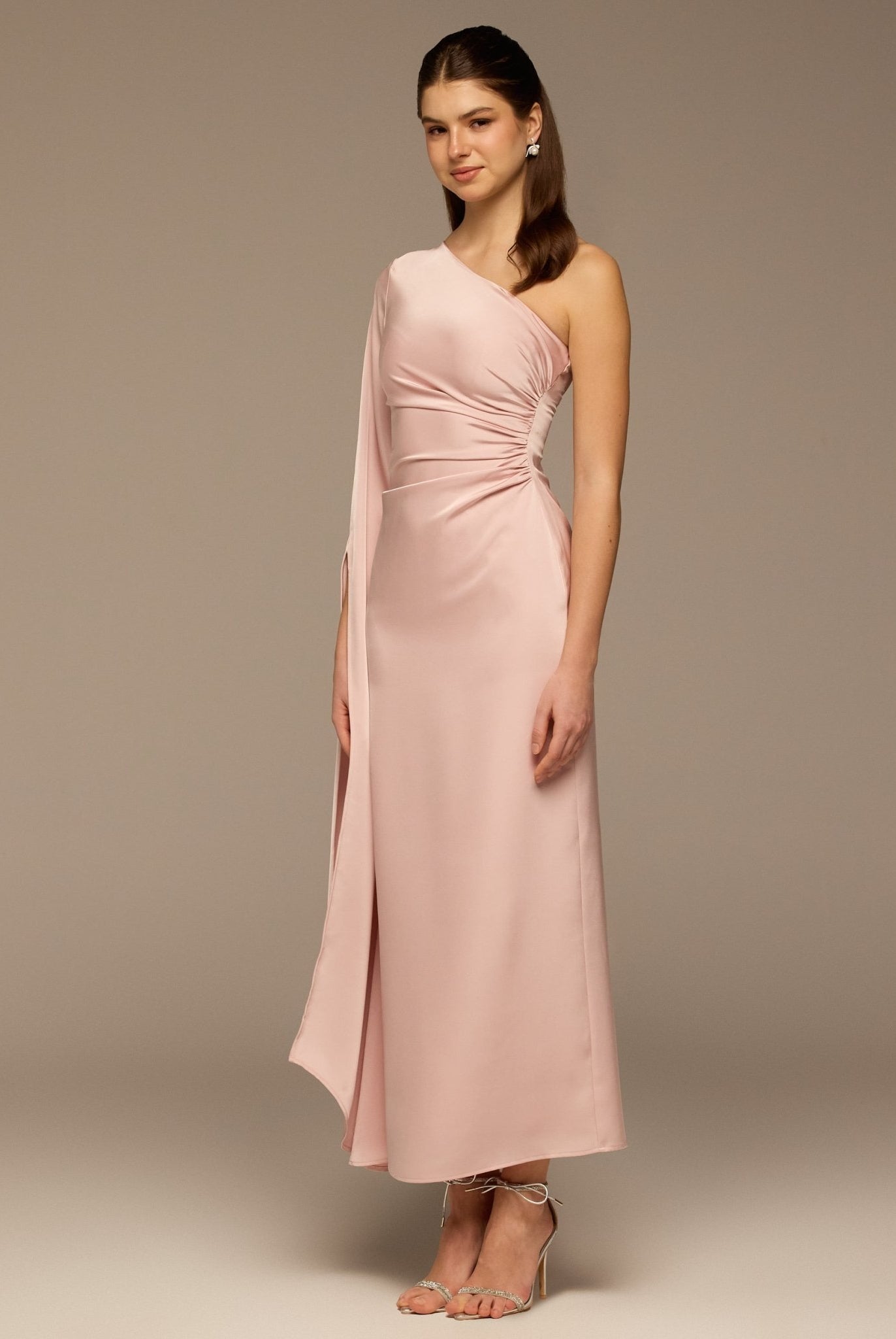 Pink One - Shoulder Gathered Waist Satin Dress - shopaleena