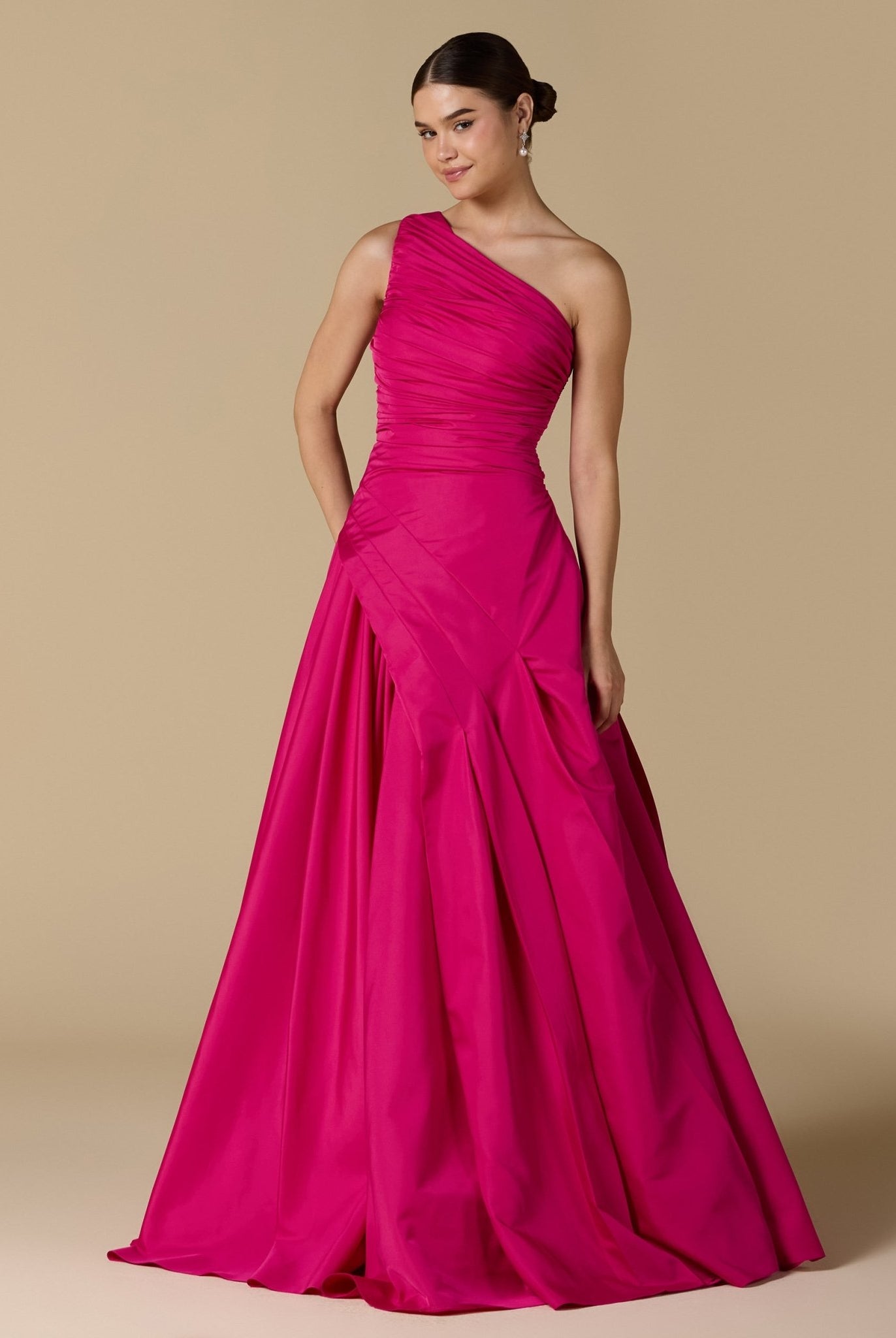 Pink One Shoulder Ruched Gown - shopaleena