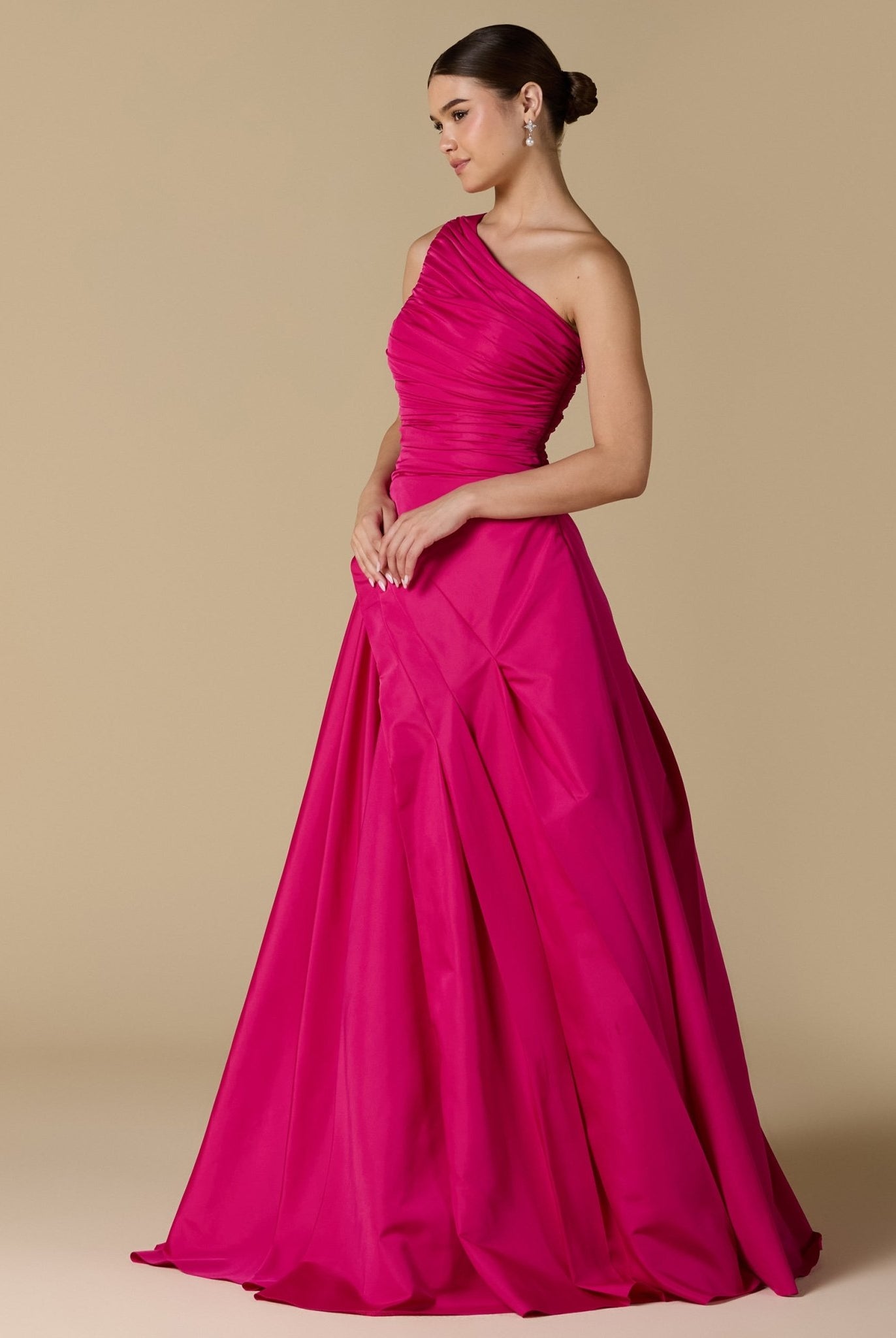 Pink One Shoulder Ruched Gown - shopaleena
