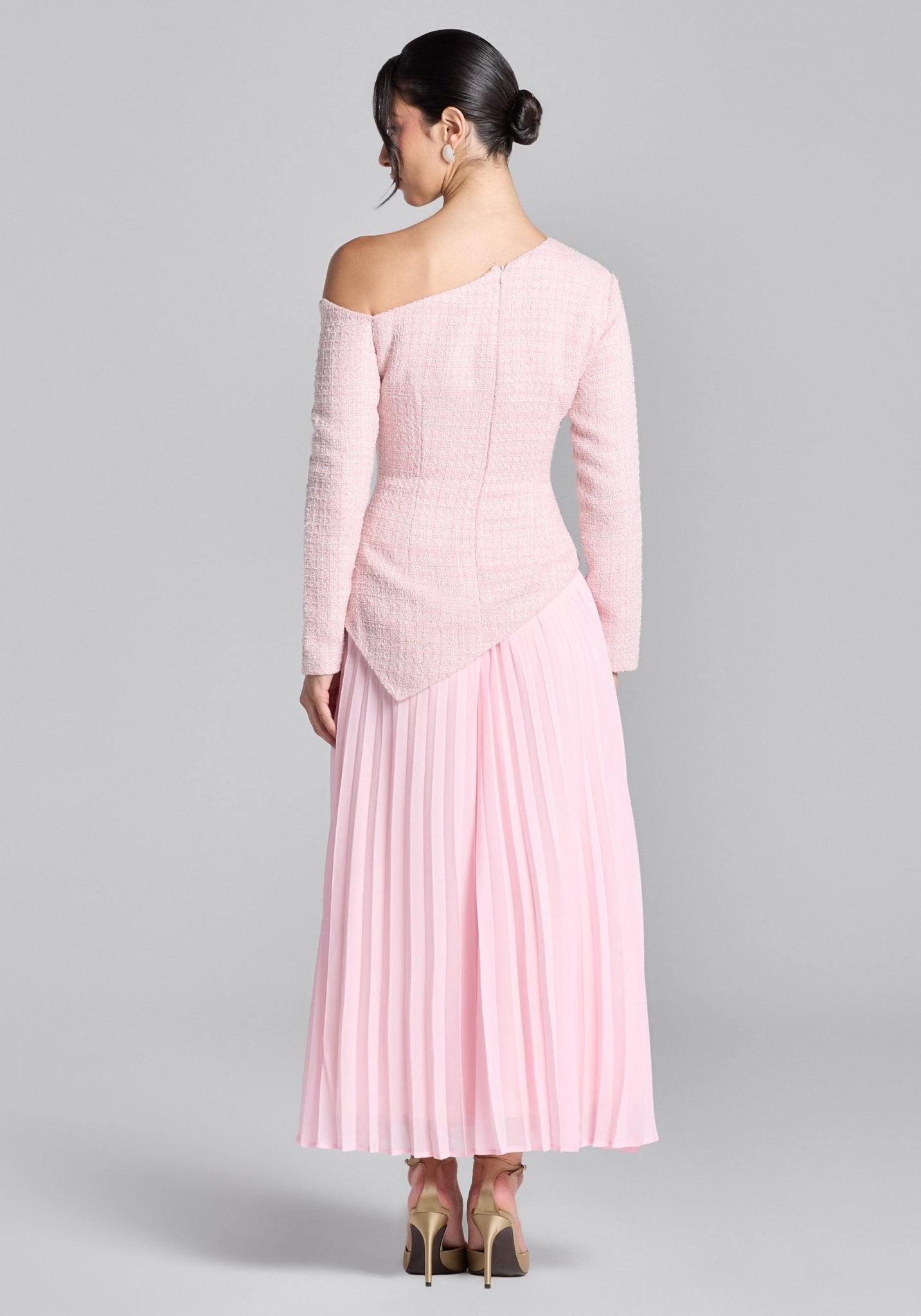 Pink One - Shoulder Tweed - Chiffon Maxi Dress - shopaleena