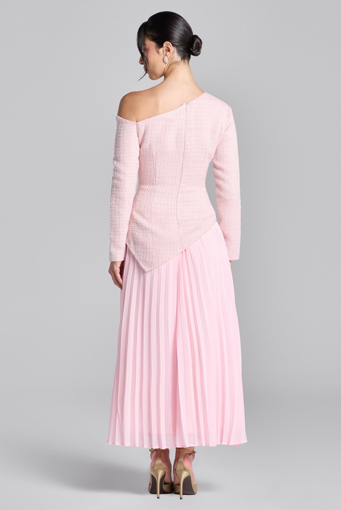 Pink One - Shoulder Tweed - Chiffon Maxi Dress - shopaleena