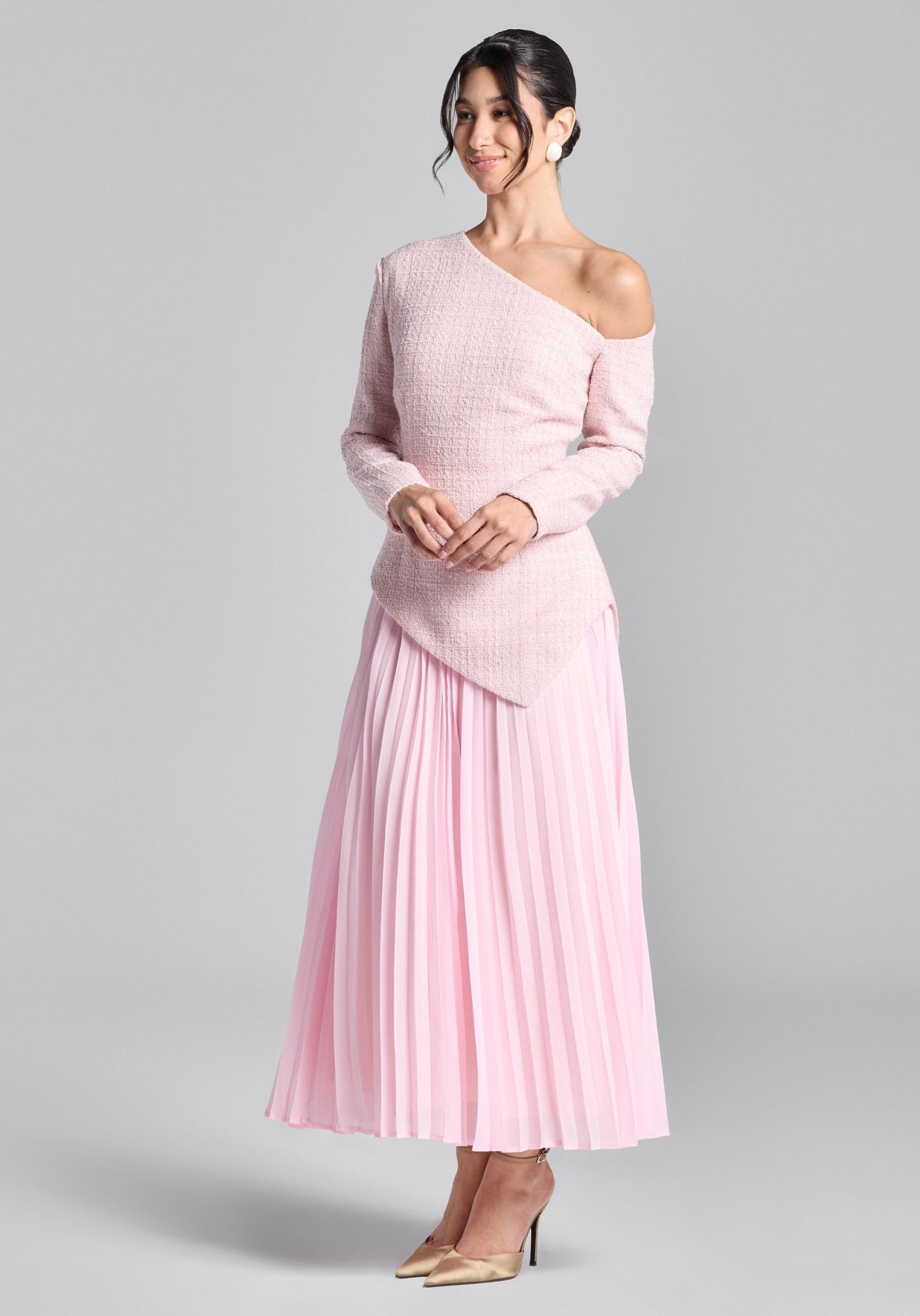 Pink One - Shoulder Tweed - Chiffon Maxi Dress - shopaleena