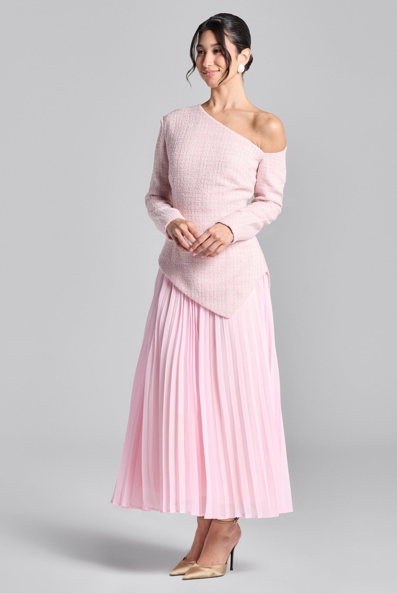 Pink One - Shoulder Tweed - Chiffon Maxi Dress - shopaleena