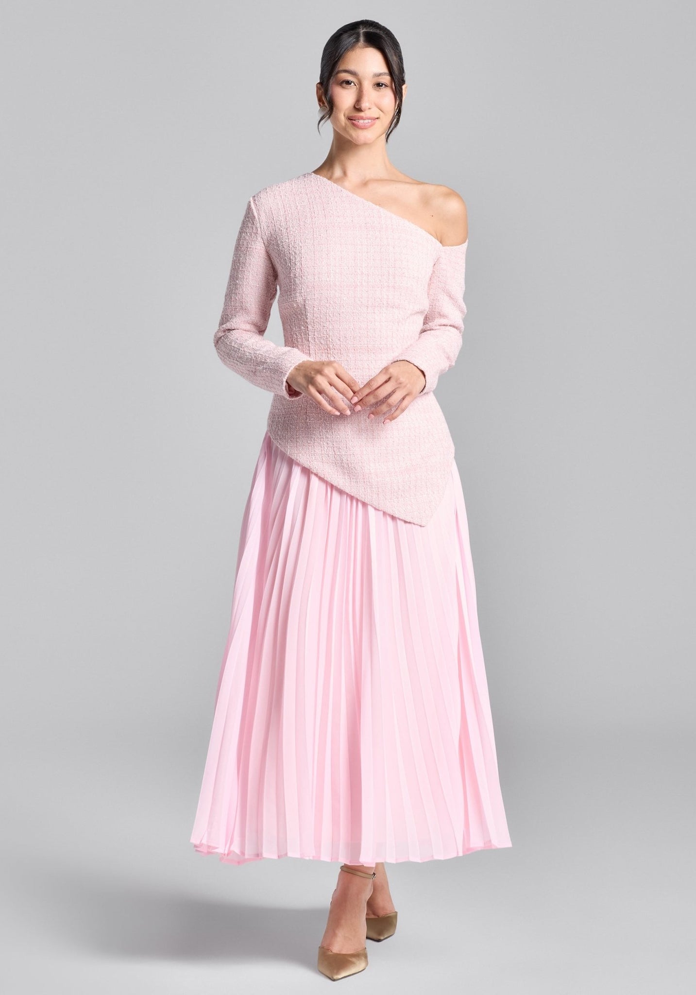 Pink One - Shoulder Tweed - Chiffon Maxi Dress - shopaleena