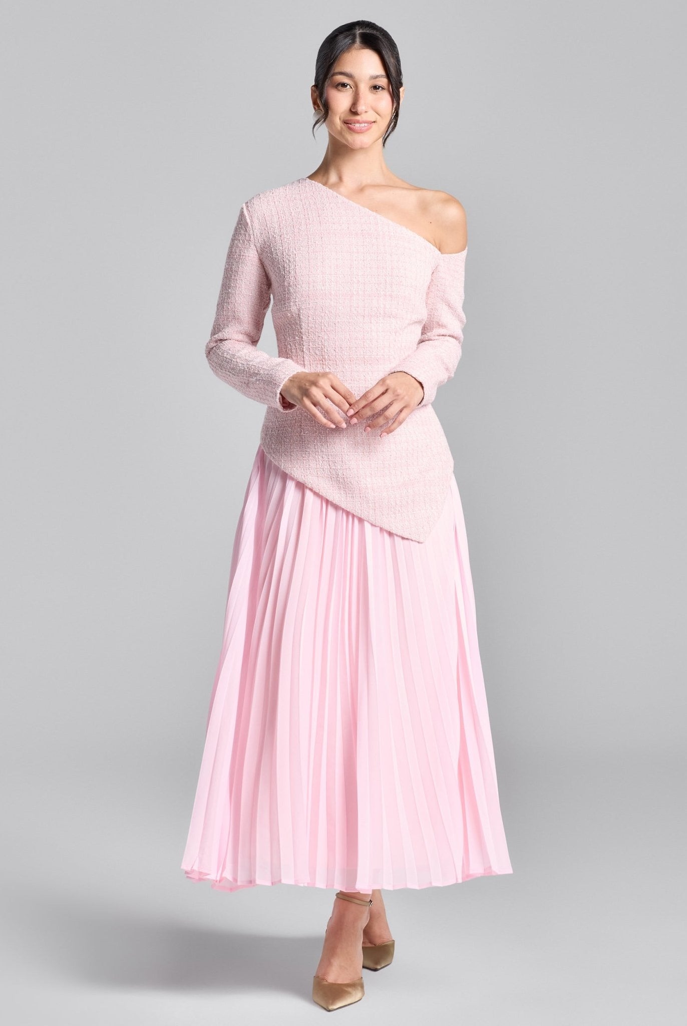 Pink One - Shoulder Tweed - Chiffon Maxi Dress - shopaleena
