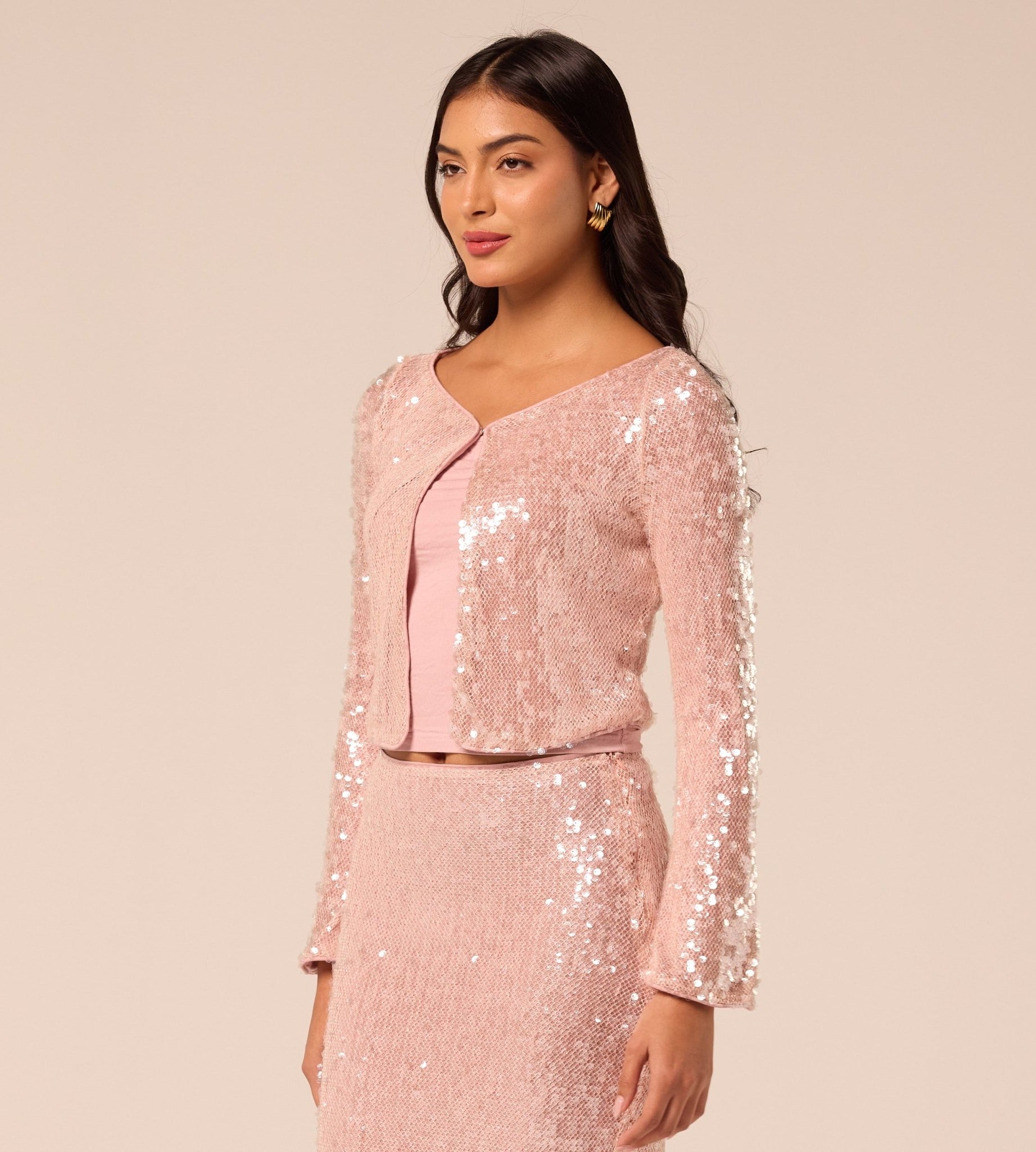 Pink Open-Front Long Sleeve Sequin Jacket - shopaleena