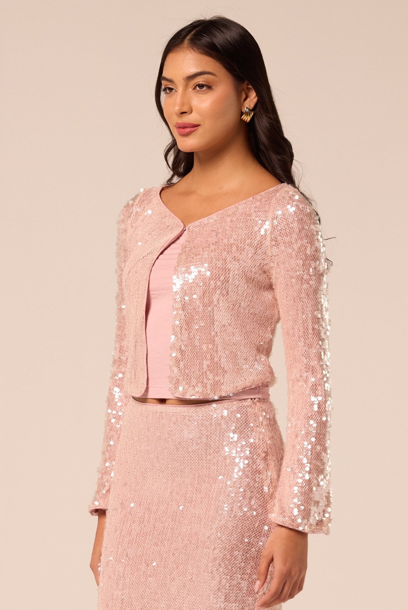 Pink Open-Front Long Sleeve Sequin Jacket - shopaleena
