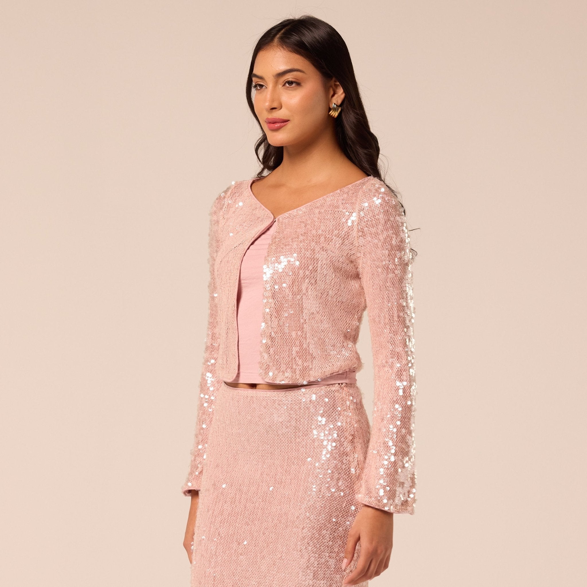 Pink Open-Front Long Sleeve Sequin Jacket - shopaleena