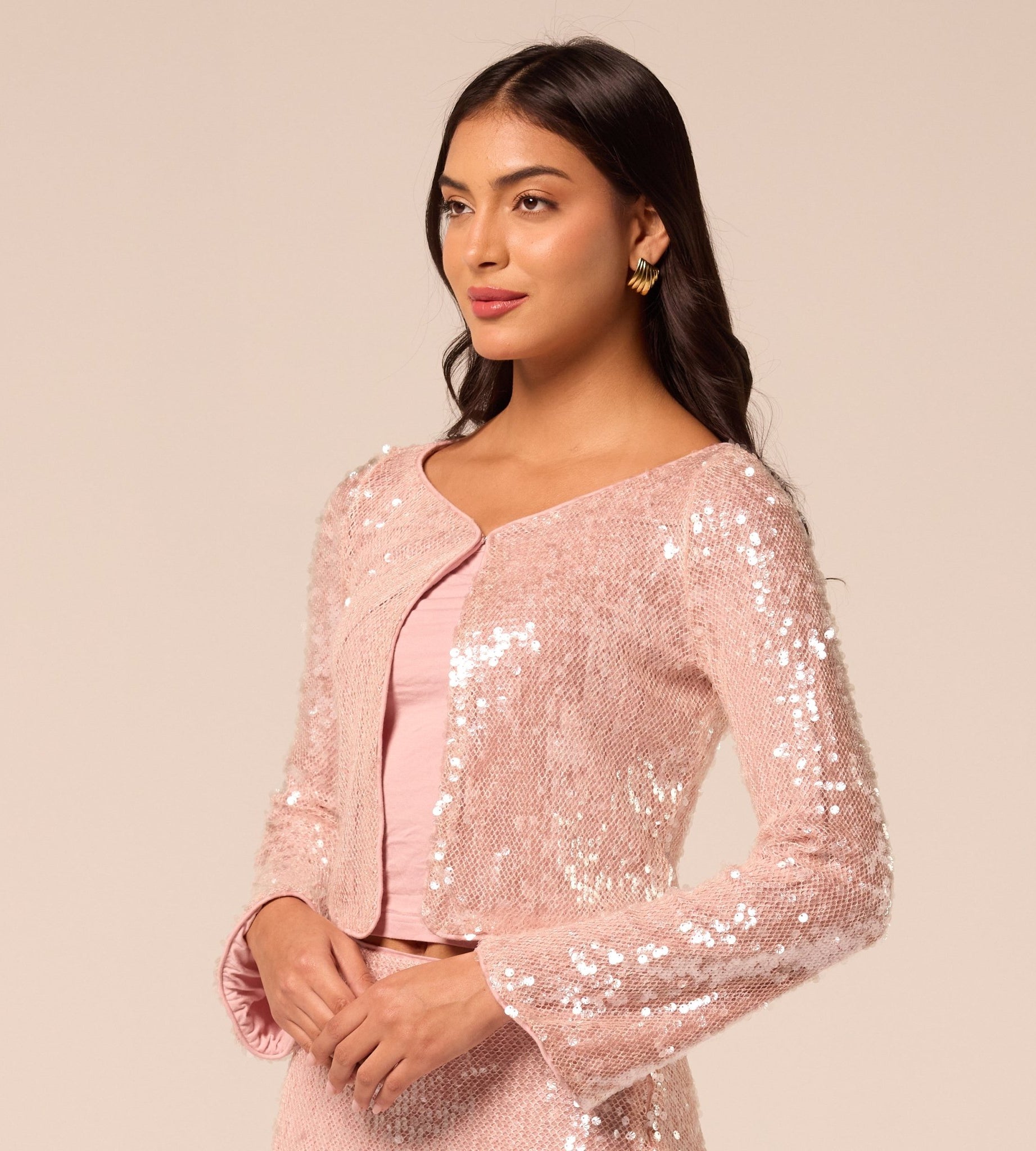 Pink Open-Front Long Sleeve Sequin Jacket - shopaleena