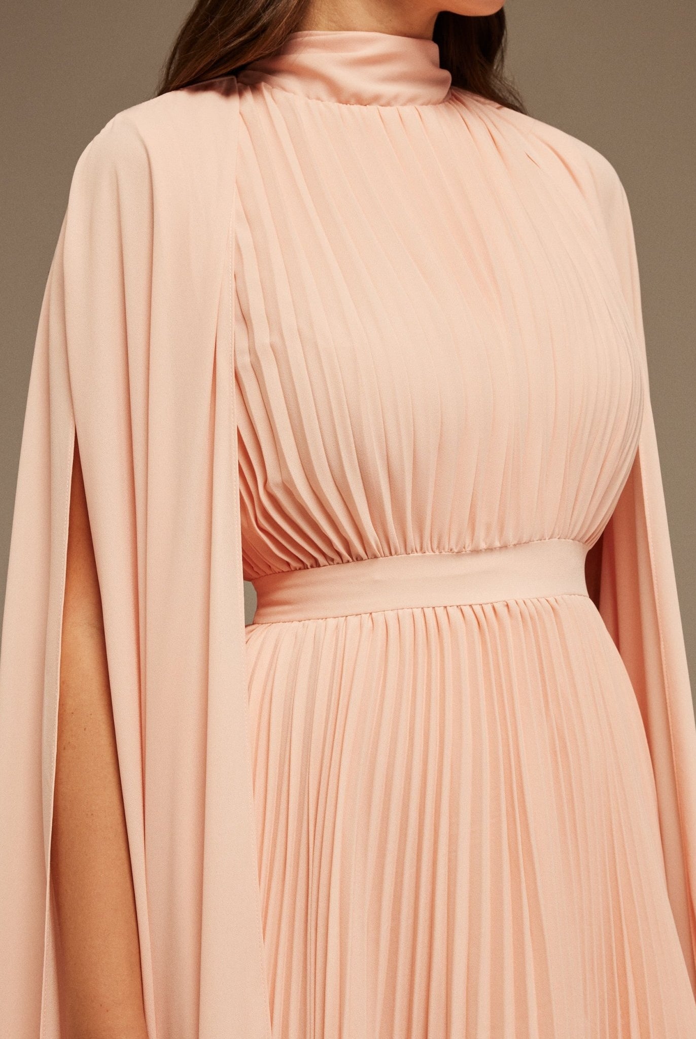 Pink Pleated A - line Dress with Cape Sleeves and High Neck Scarf - shopaleena