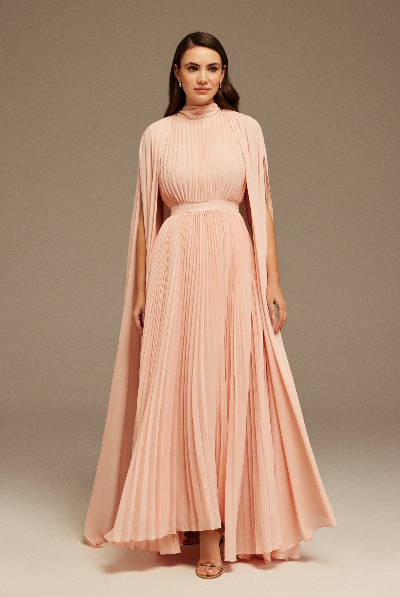 Pink Pleated A - line Dress with Cape Sleeves and High Neck Scarf - shopaleena