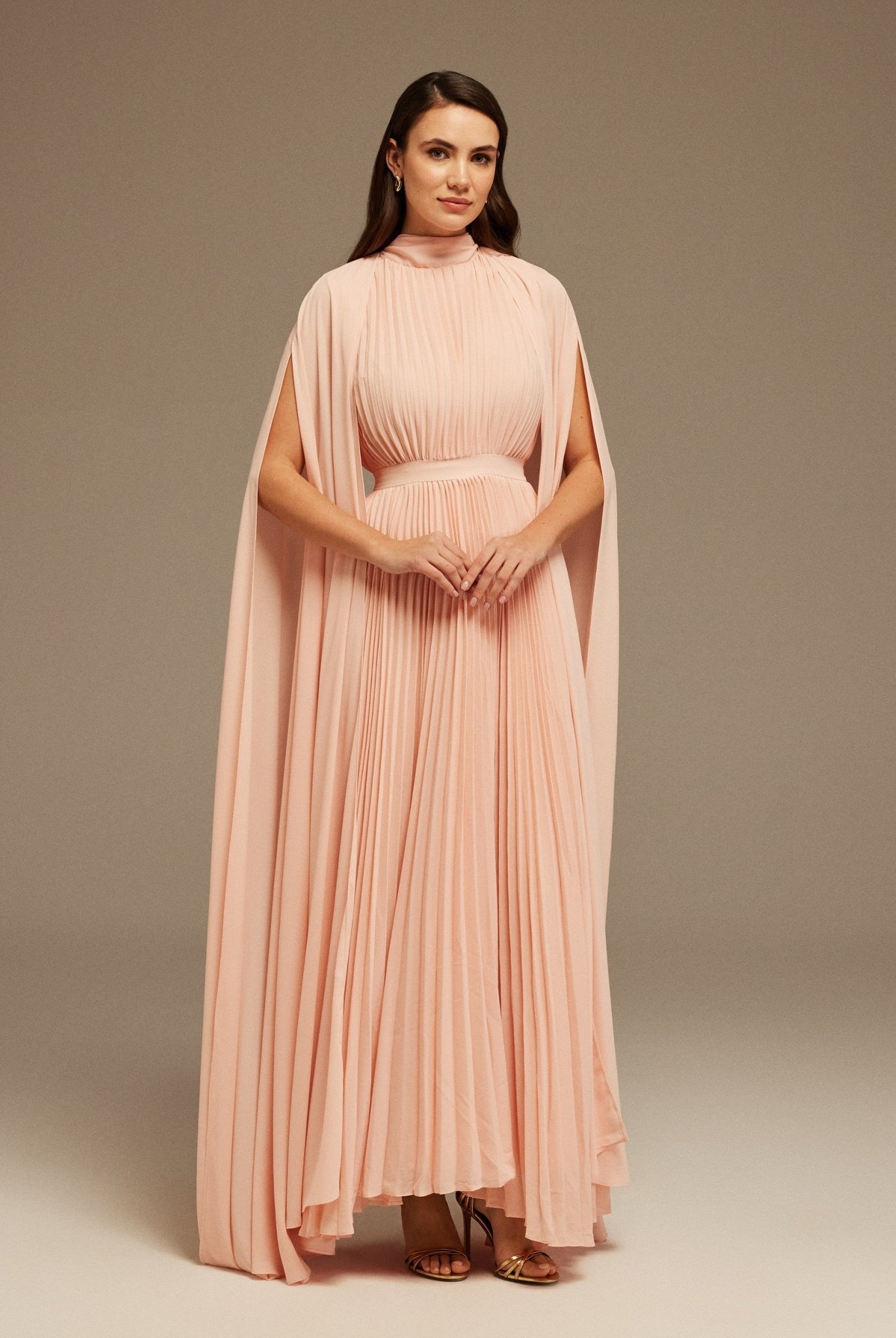 Pink Pleated A - line Dress with Cape Sleeves and High Neck Scarf - shopaleena