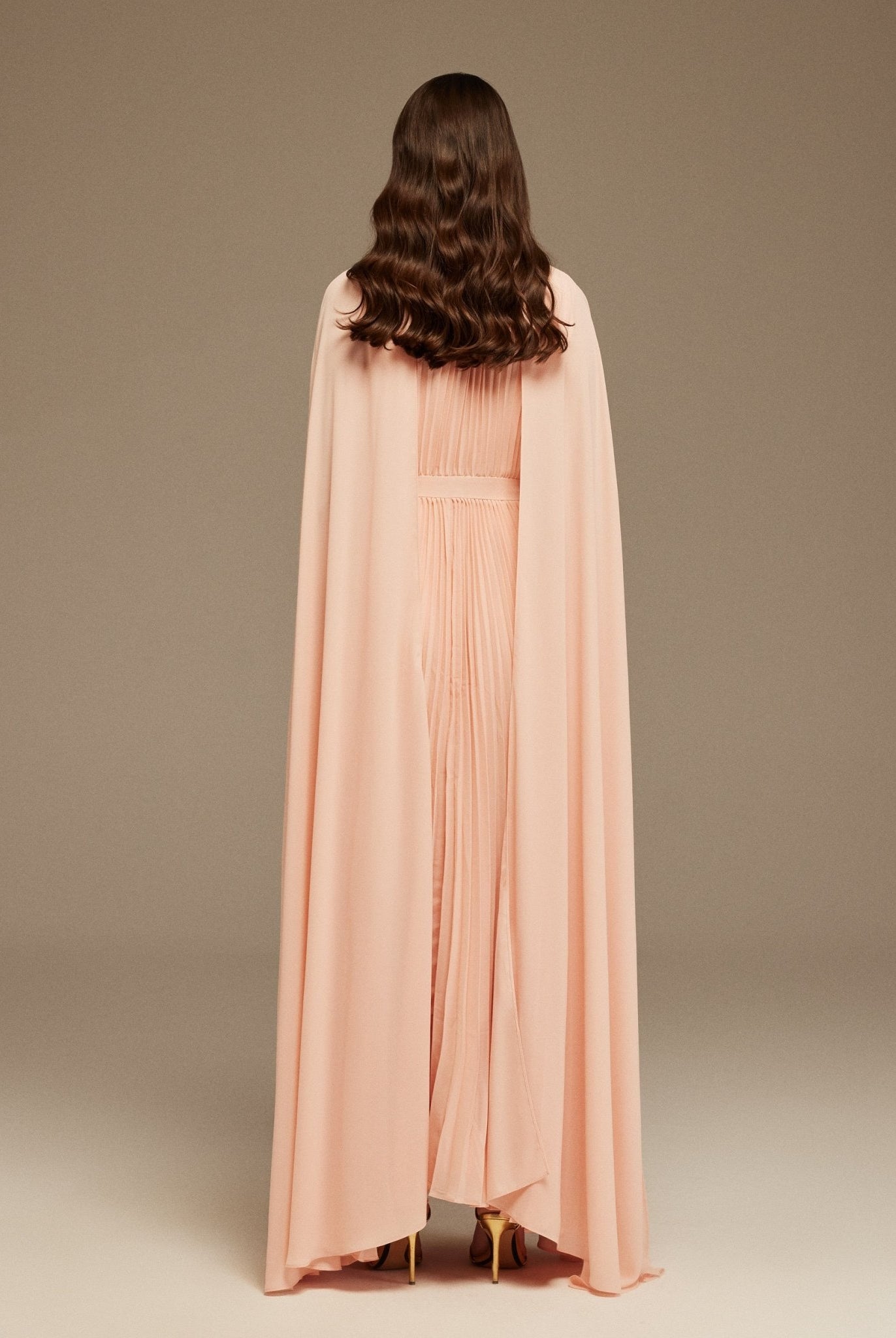 Pink Pleated A - line Dress with Cape Sleeves and High Neck Scarf - shopaleena