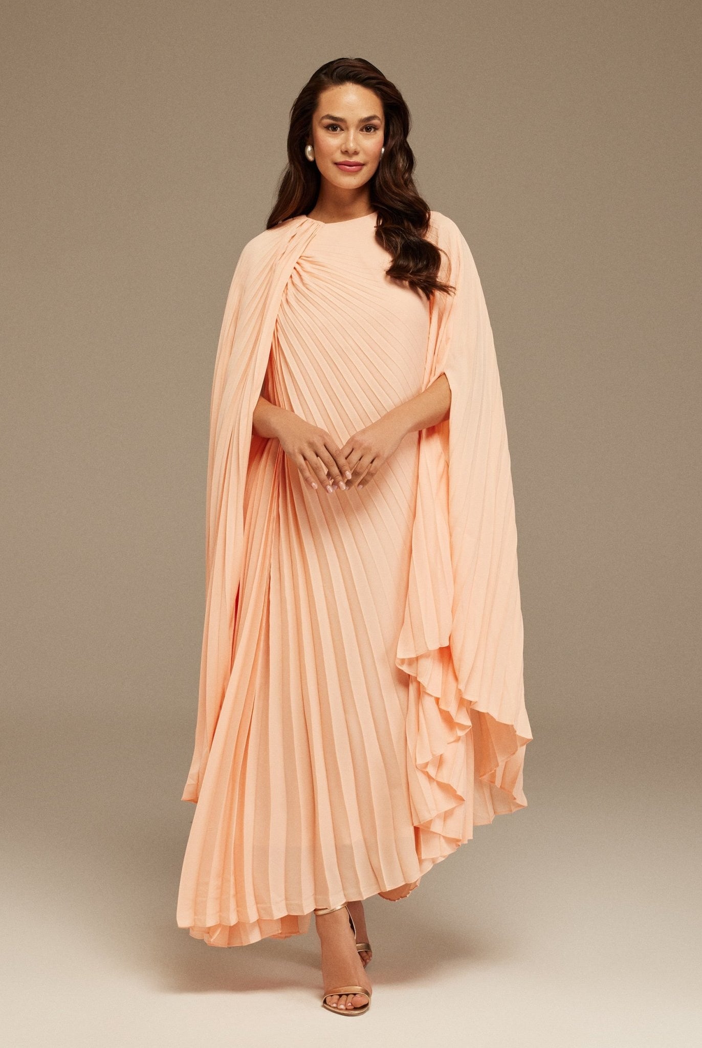 Pink Pleated Cape Midi Dress - shopaleena